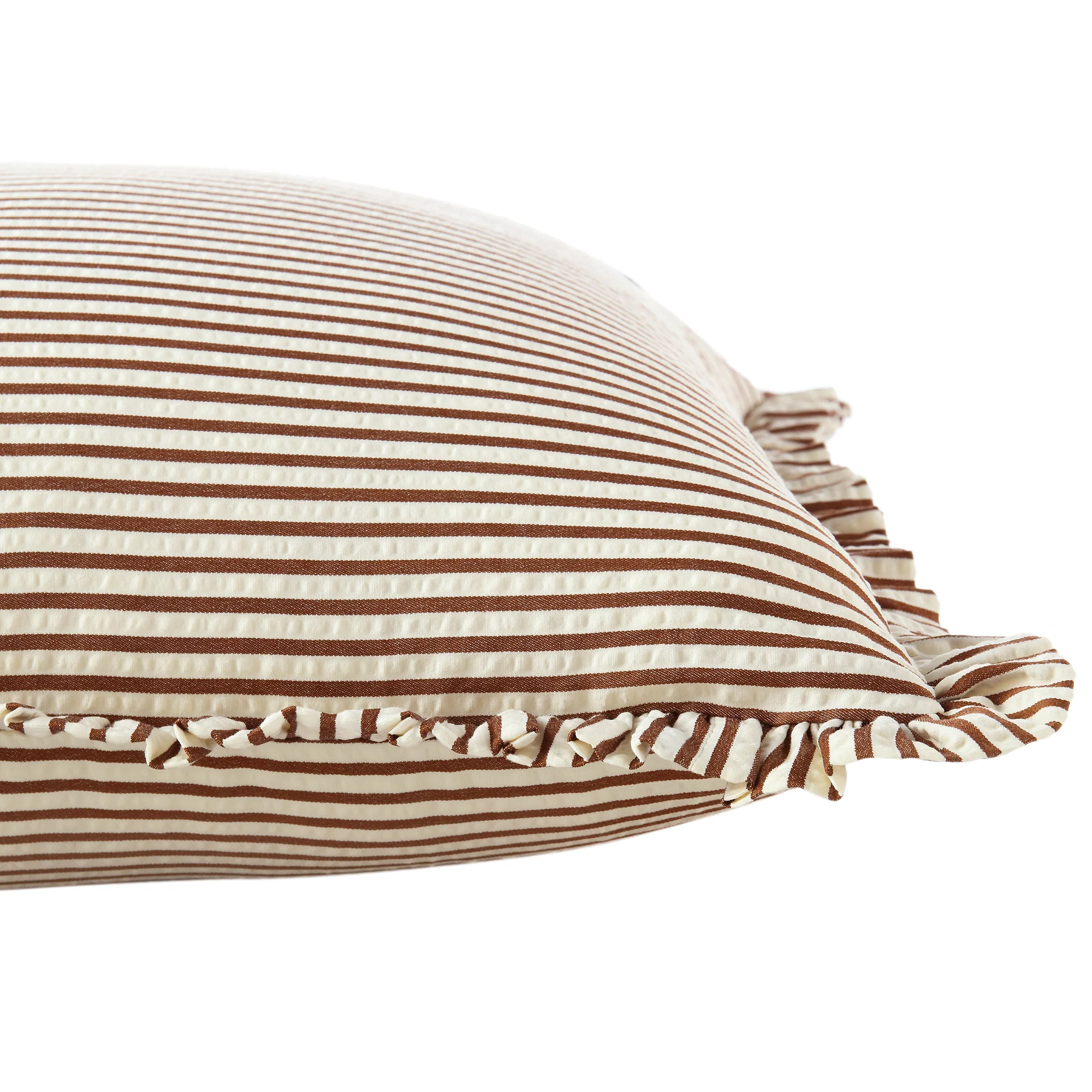 Iris Ticking Brown Stripe Seersucker Frill Cushion - Image 2