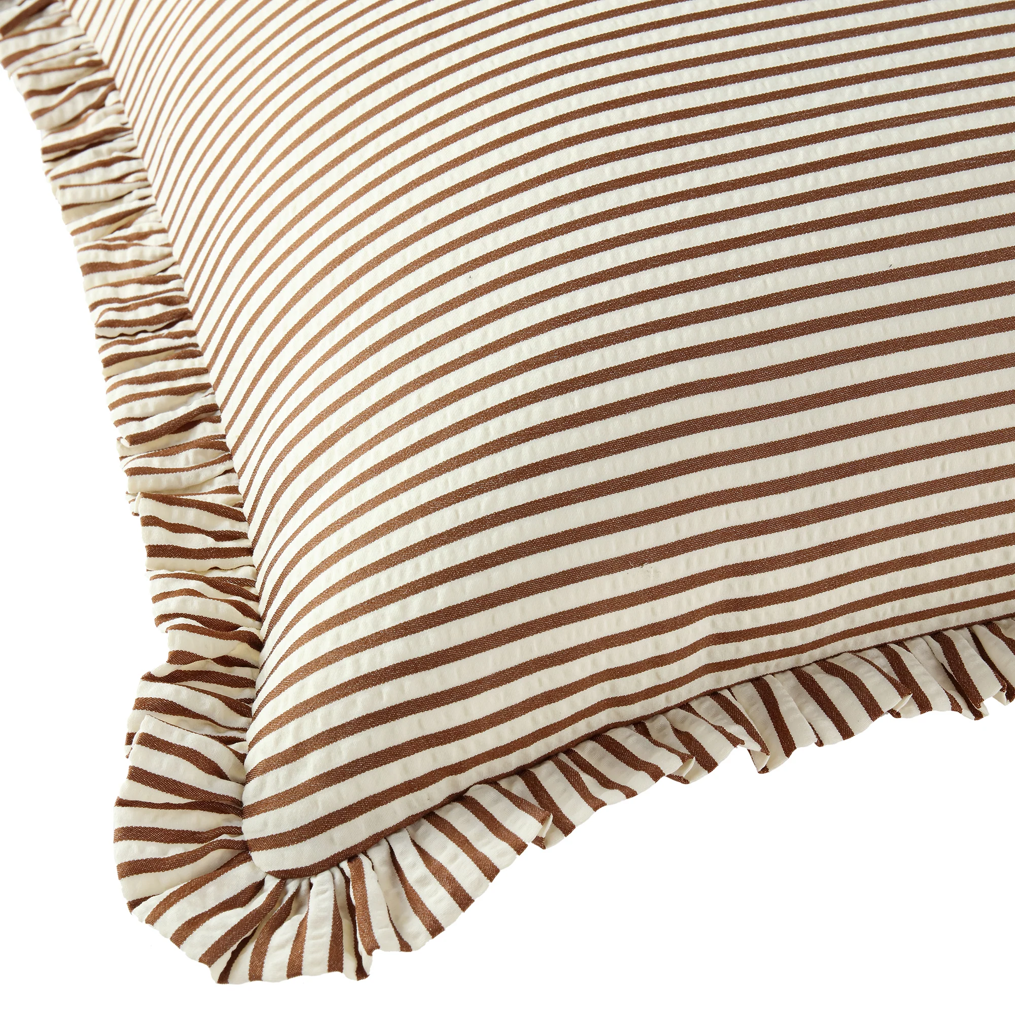 Iris Ticking Brown Stripe Seersucker Frill Cushion - Image 3