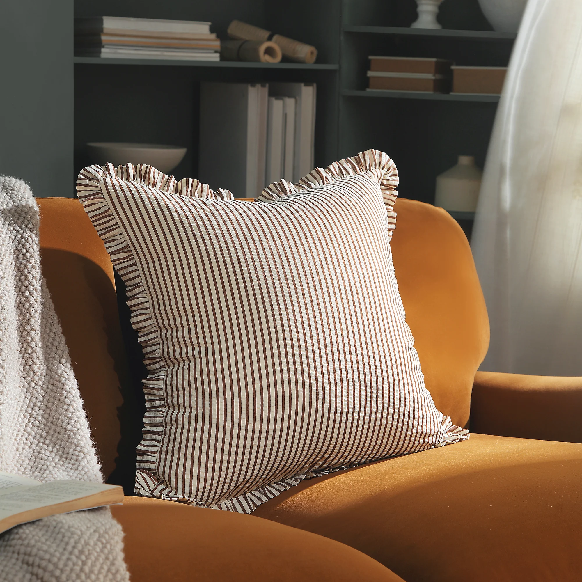 Iris Ticking Yellow Stripe Seersucker Frill Cushion - Image 2