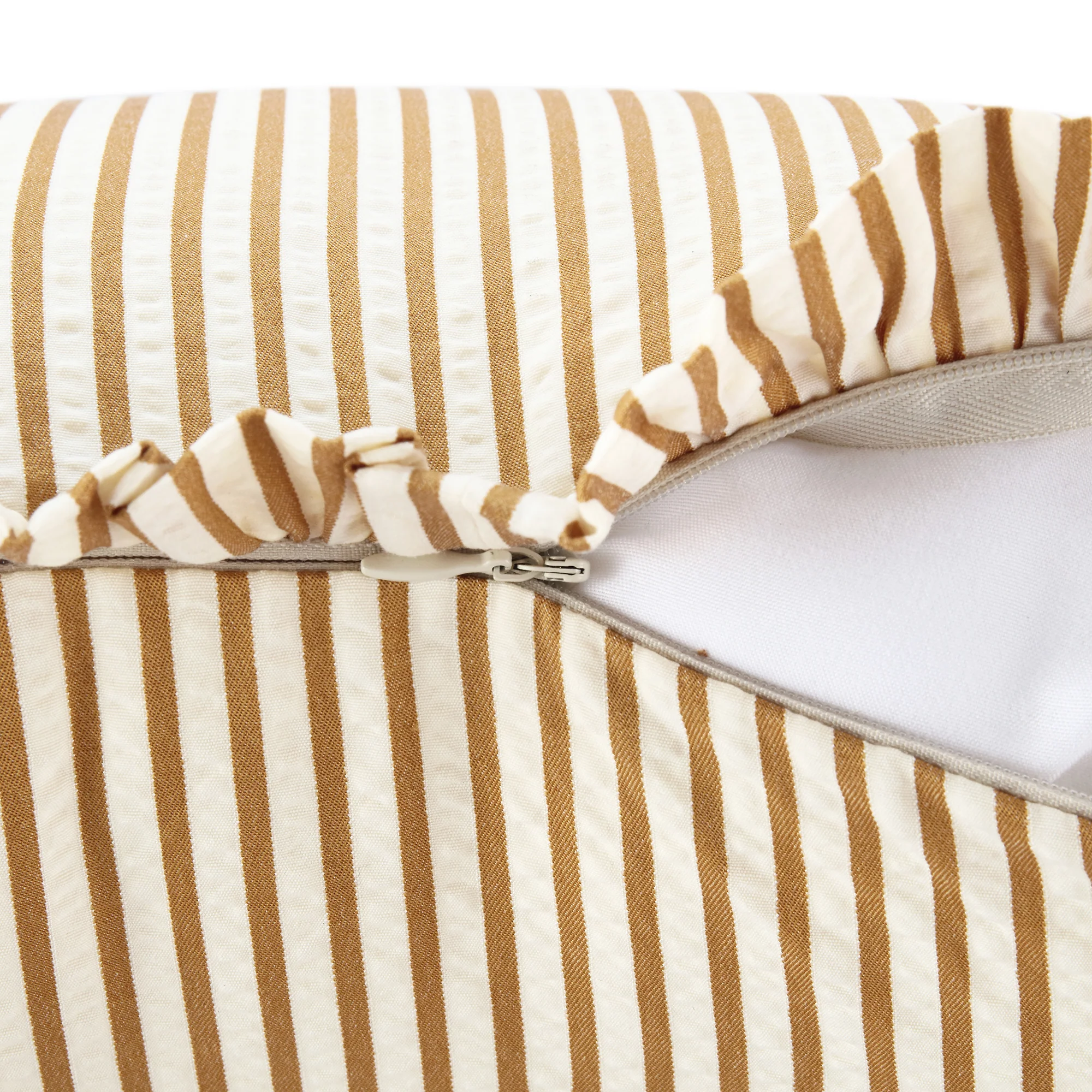 Iris Ticking Yellow Stripe Seersucker Frill Cushion - Image 7