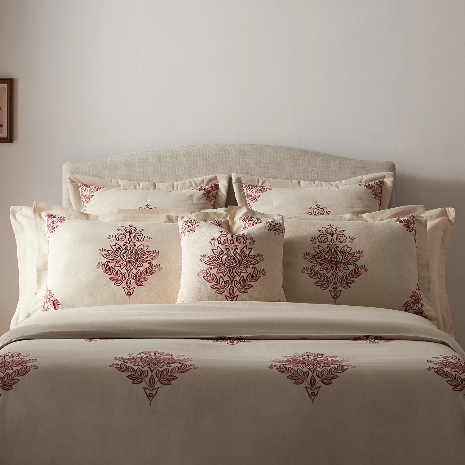 Isadora Garnet Red Damask Embroidered Cotton Cushion - Image 2