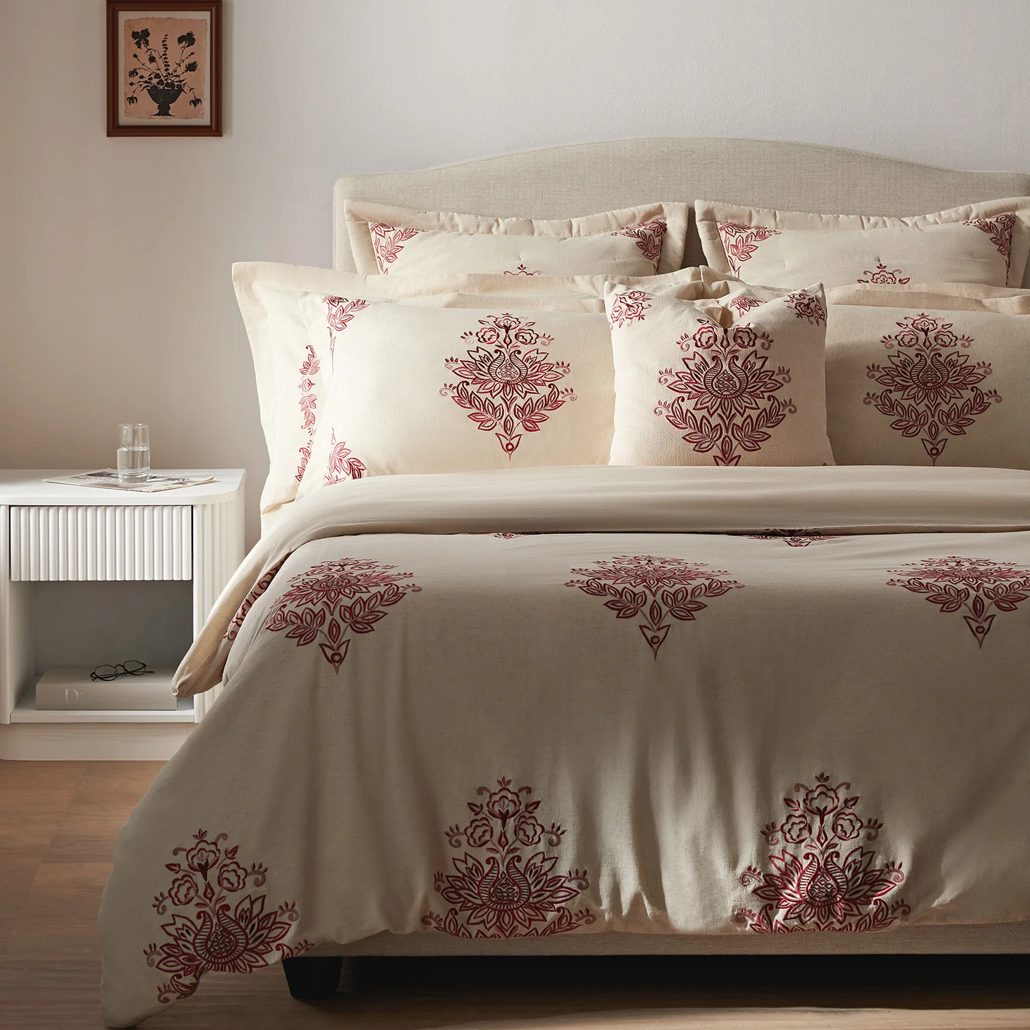Isadora Garnet Red Damask Embroidered Linen Blend Duvet Set - Image 2