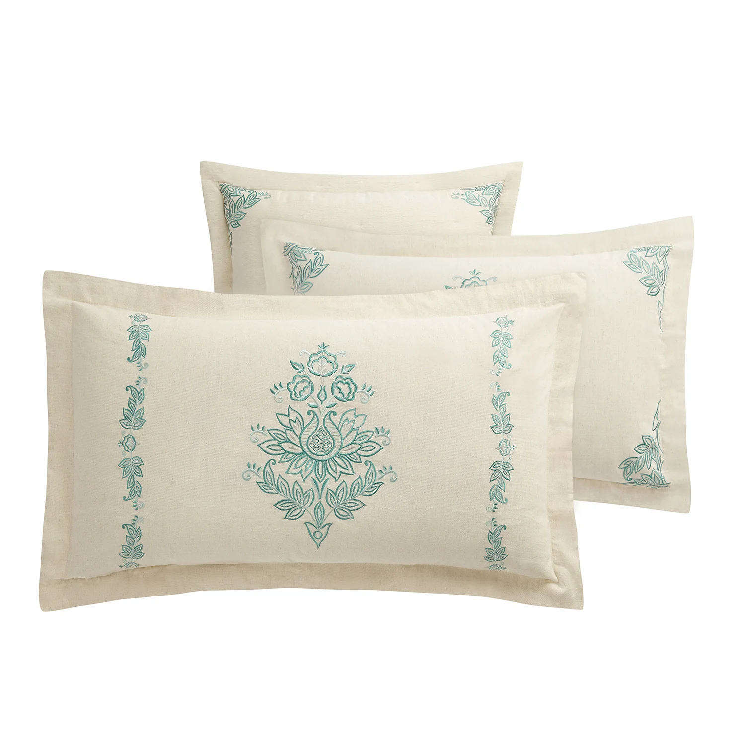 Isadora Teal Damask Embroidered Linen Blend King Size Oxford Pillowcases - Pair - Image 2