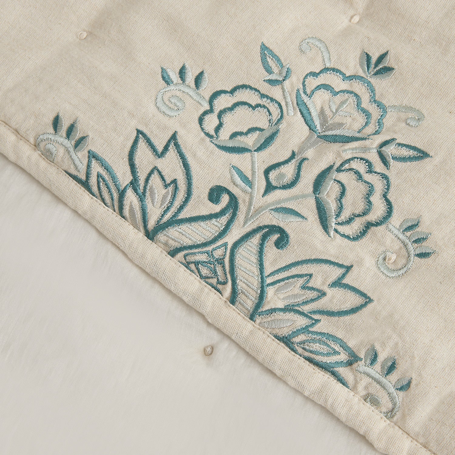 Isadora Teal Damask Embroidered Quilted Linen Blend Bedspread - Image 4