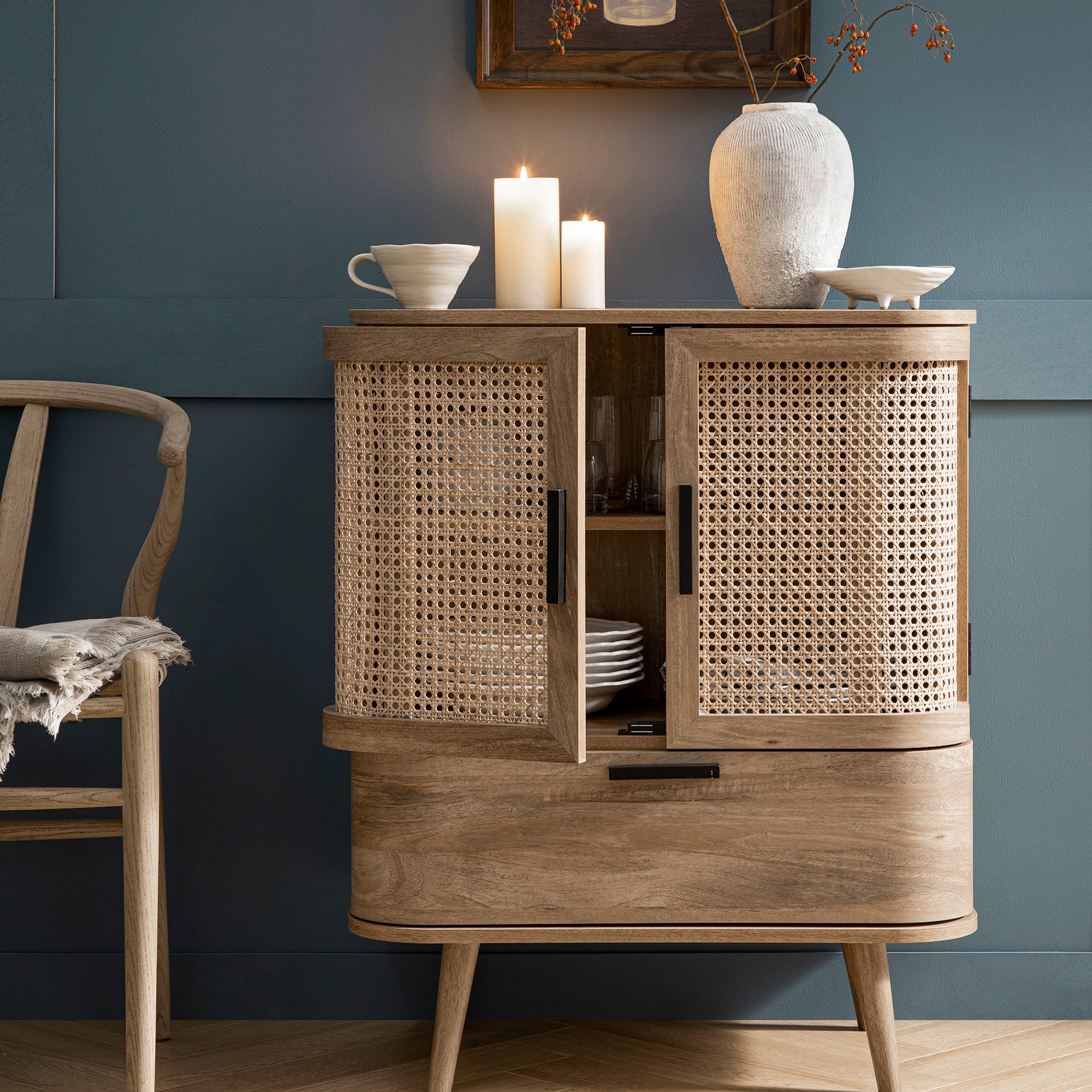 Izzy Curved Rattan 1-Drawer Small Sideboard, Natural - Image 5
