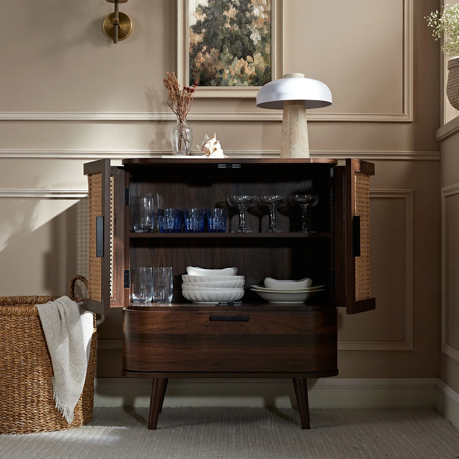 Izzy Curved Rattan 1-Drawer Small Sideboard, Walnut - Image 3
