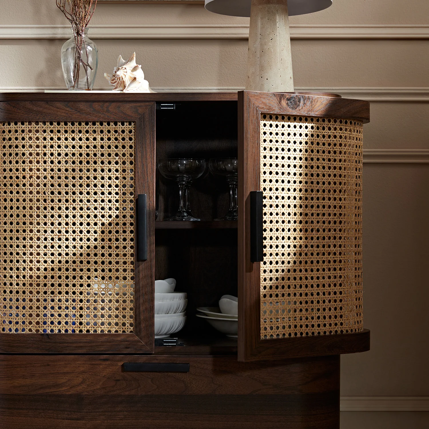 Izzy Curved Rattan 1-Drawer Small Sideboard, Walnut - Image 5