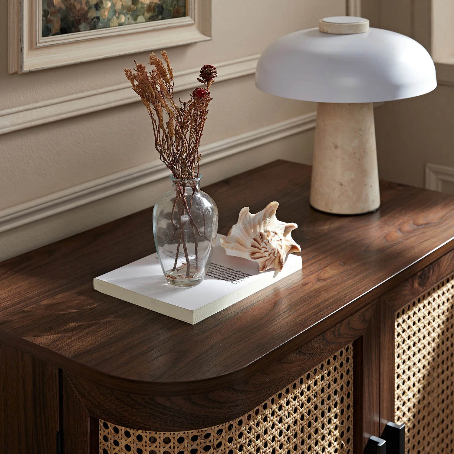 Izzy Curved Rattan 1-Drawer Small Sideboard, Walnut - Image 6
