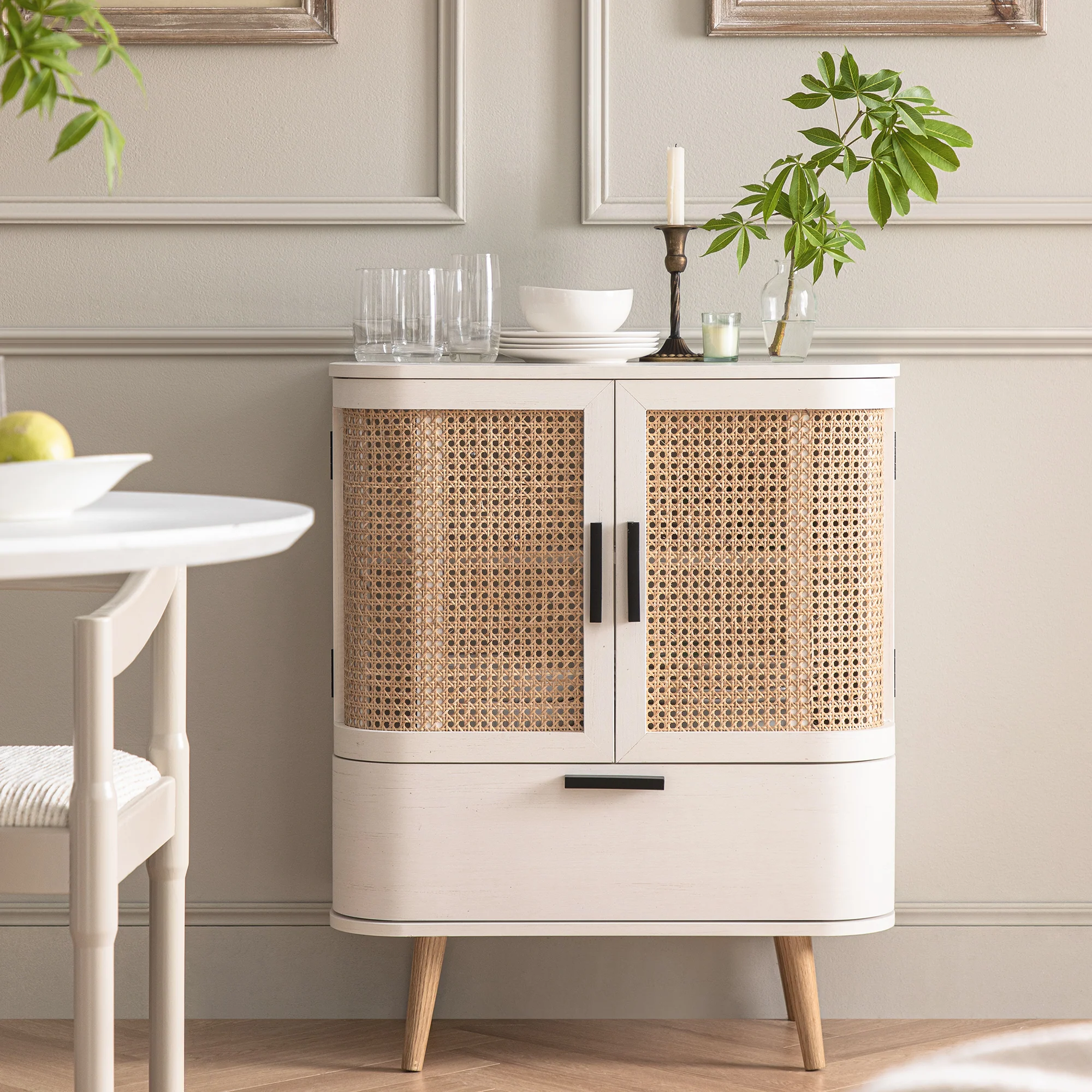 Izzy Curved Rattan 1-Drawer Small Sideboard, White - Image 2