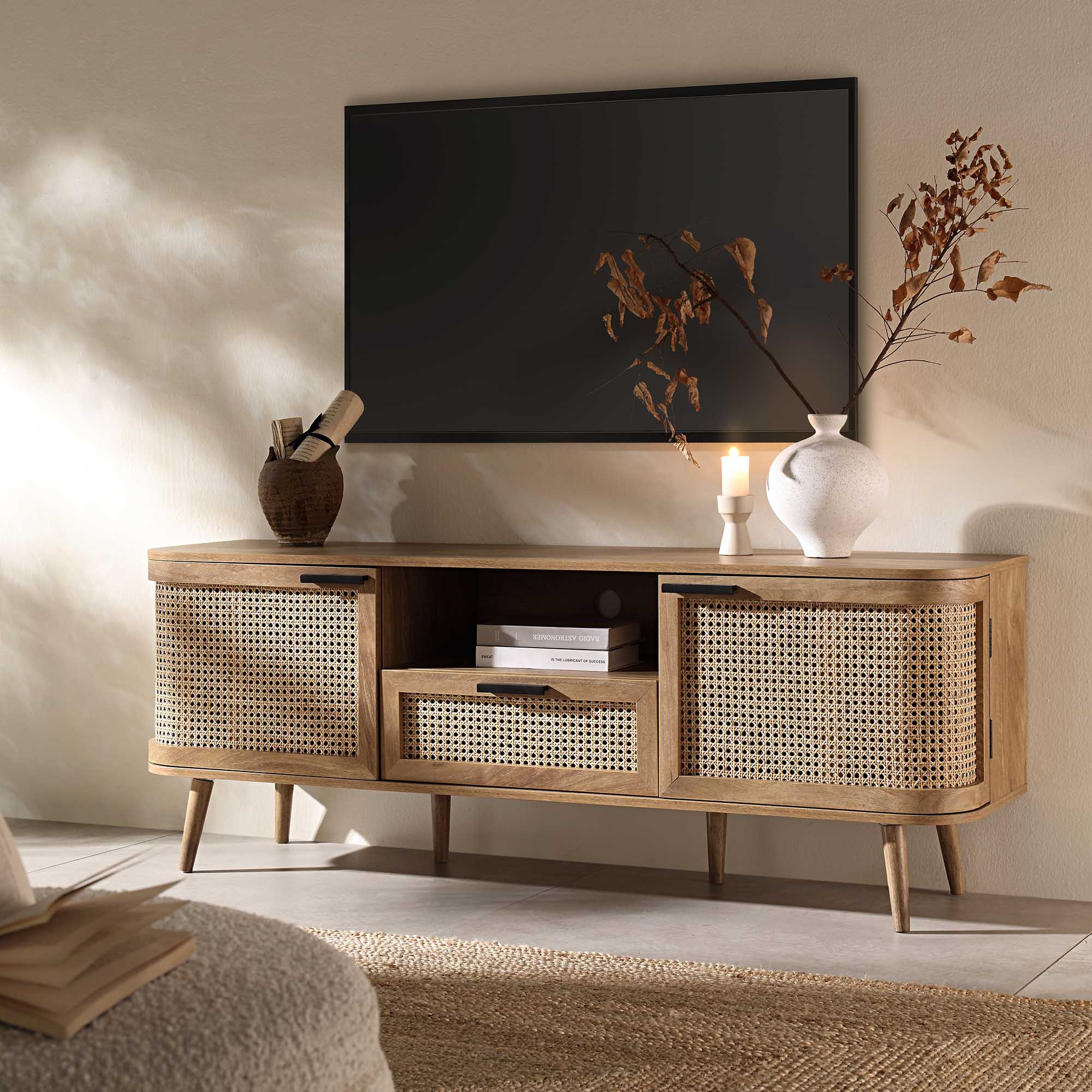 Izzy Curved Rattan 150cm TV Unit, Natural - Image 2
