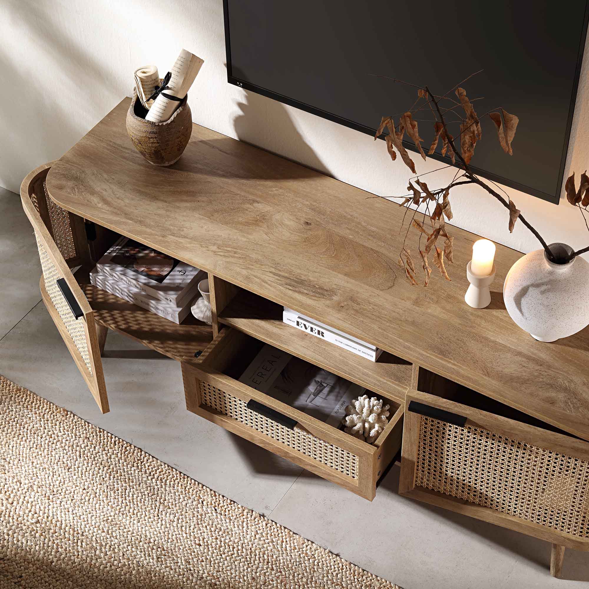 Izzy Curved Rattan 150cm TV Unit, Natural - Image 3