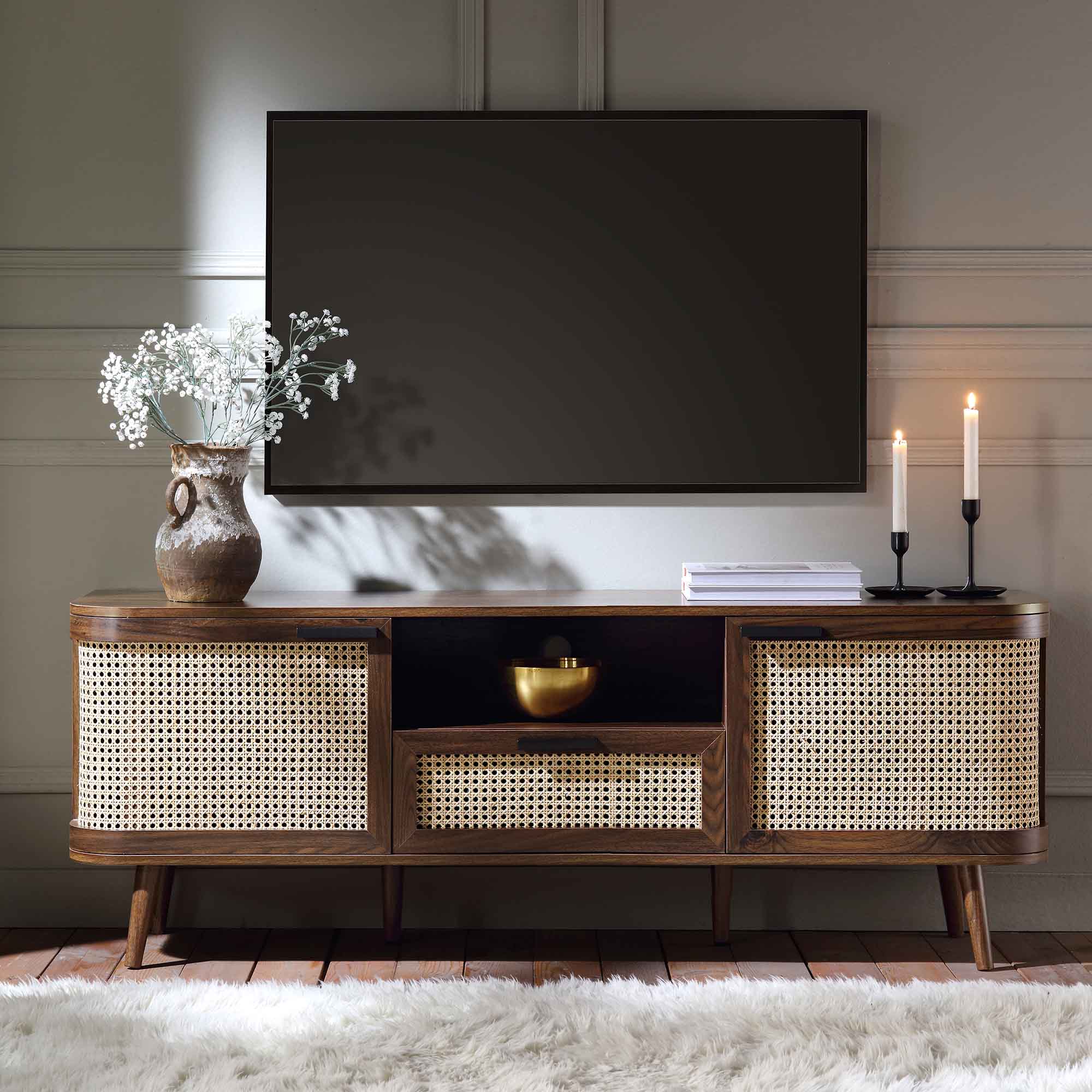 Izzy Curved Rattan 150cm TV Unit, Walnut - Image 2