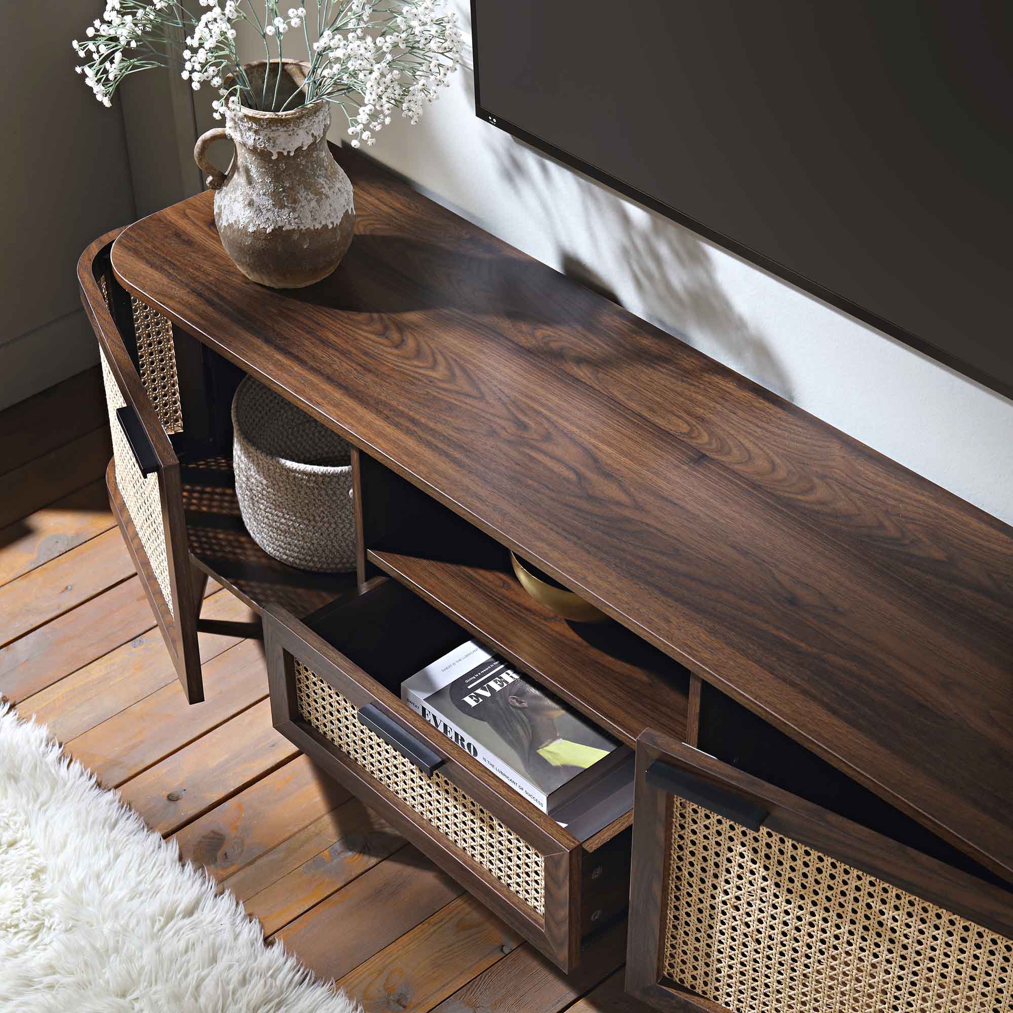 Izzy Curved Rattan 150cm TV Unit, Walnut - Image 3