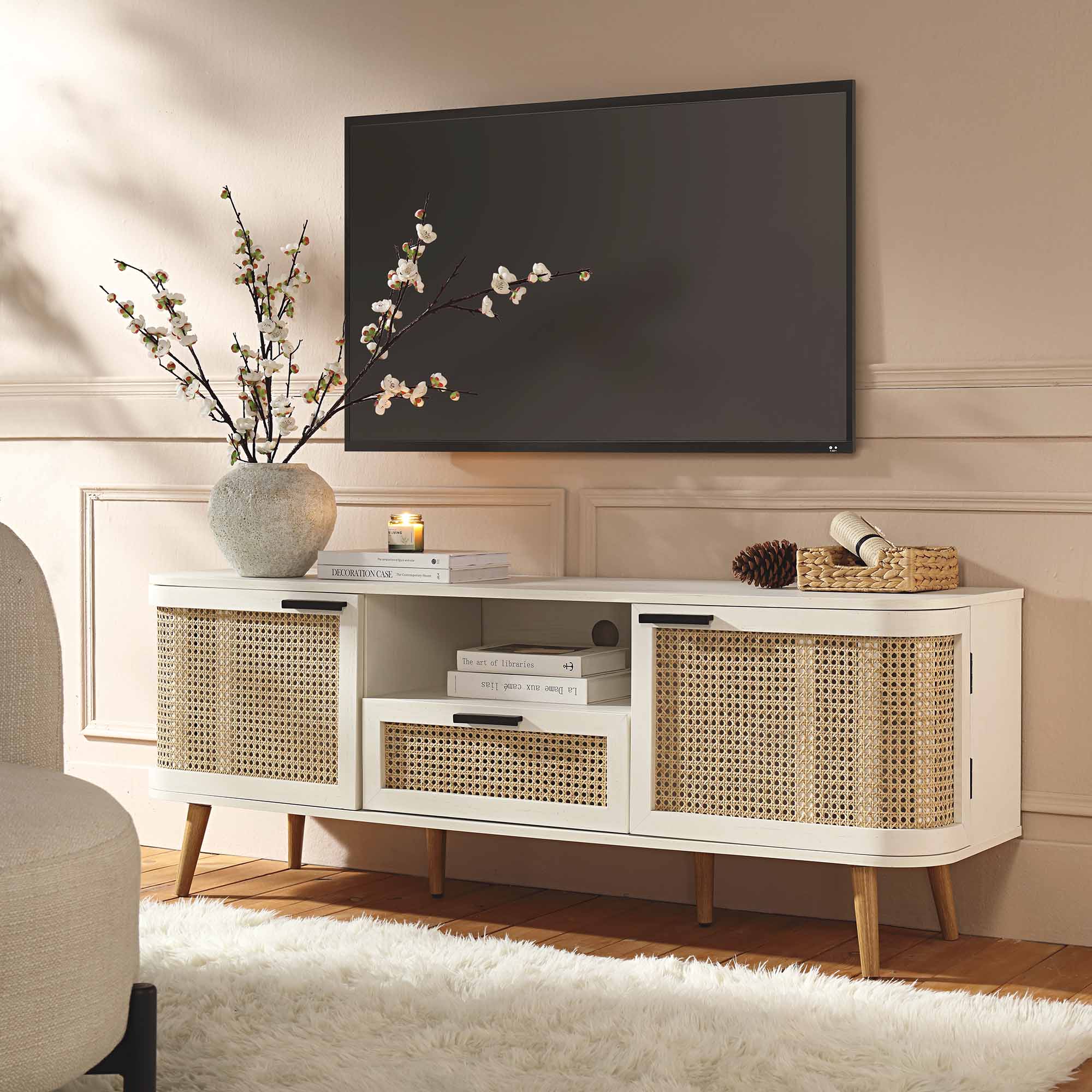 Izzy Curved Rattan 150cm TV Unit, White - Image 2