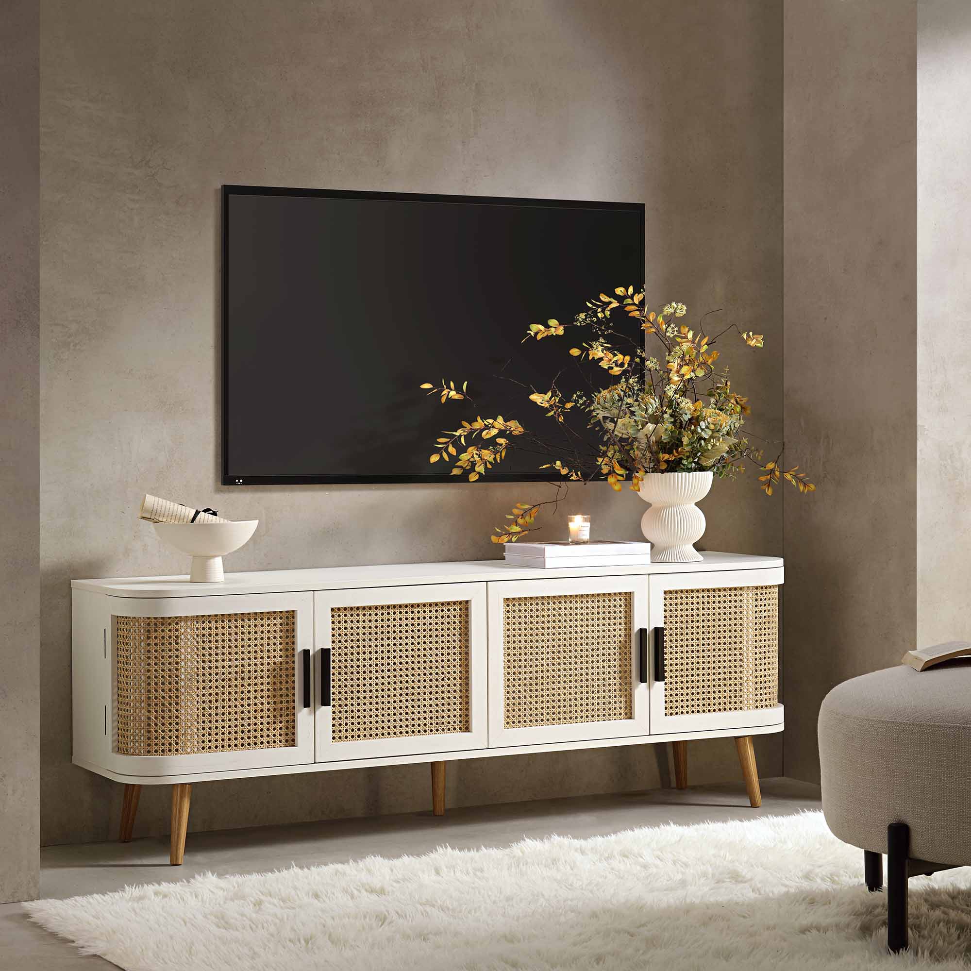 Izzy Curved Rattan 160cm Wide TV Unit, White - Image 2