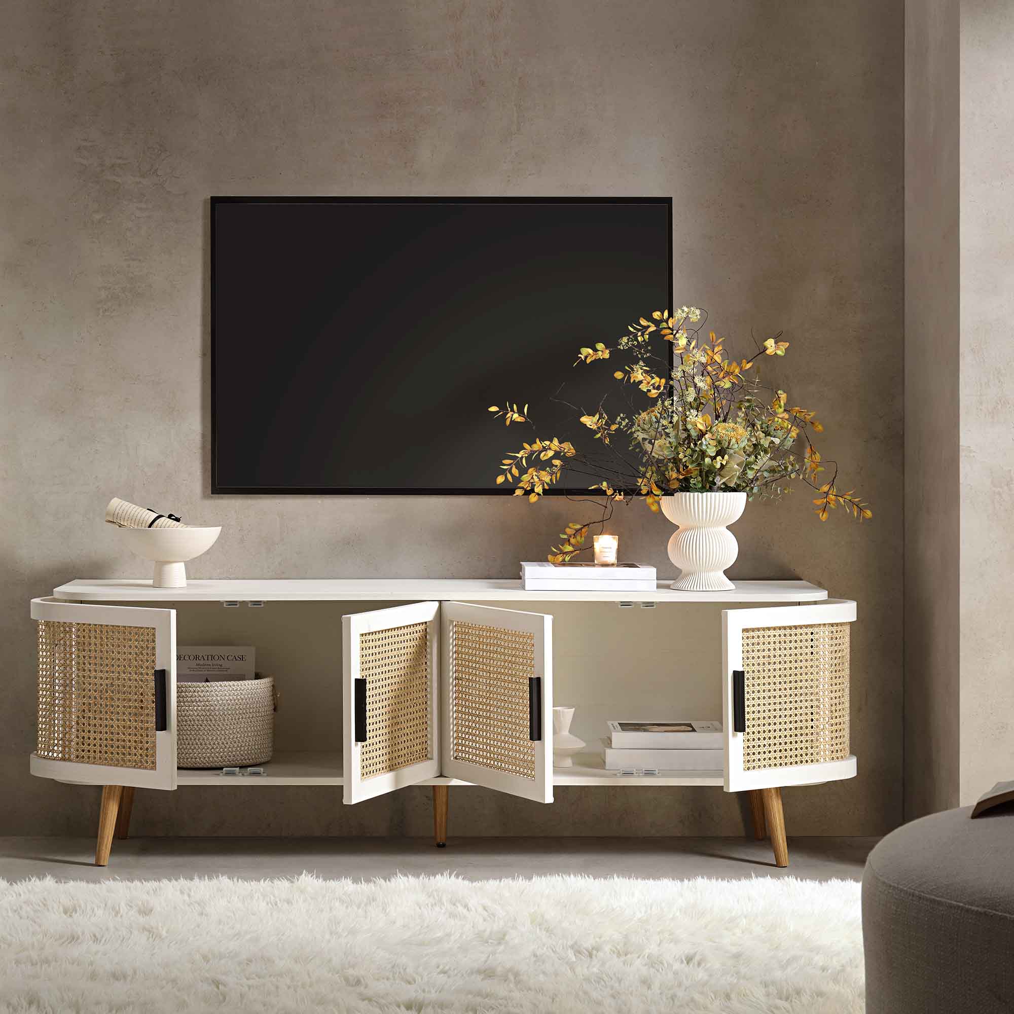 Izzy Curved Rattan 160cm Wide TV Unit, White - Image 3
