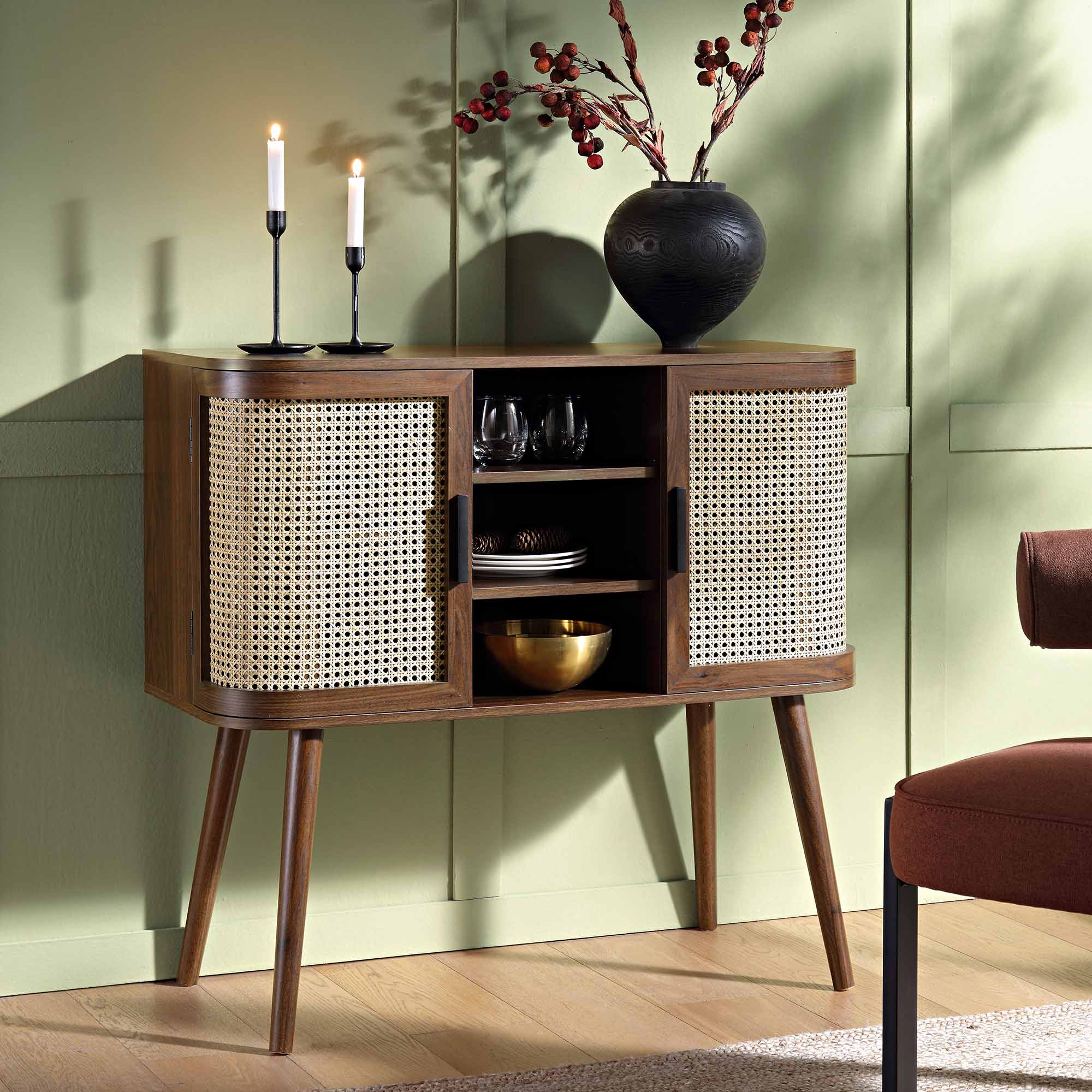 Izzy Curved Rattan 2-Door Buffet Sideboard, Walnut - Image 2