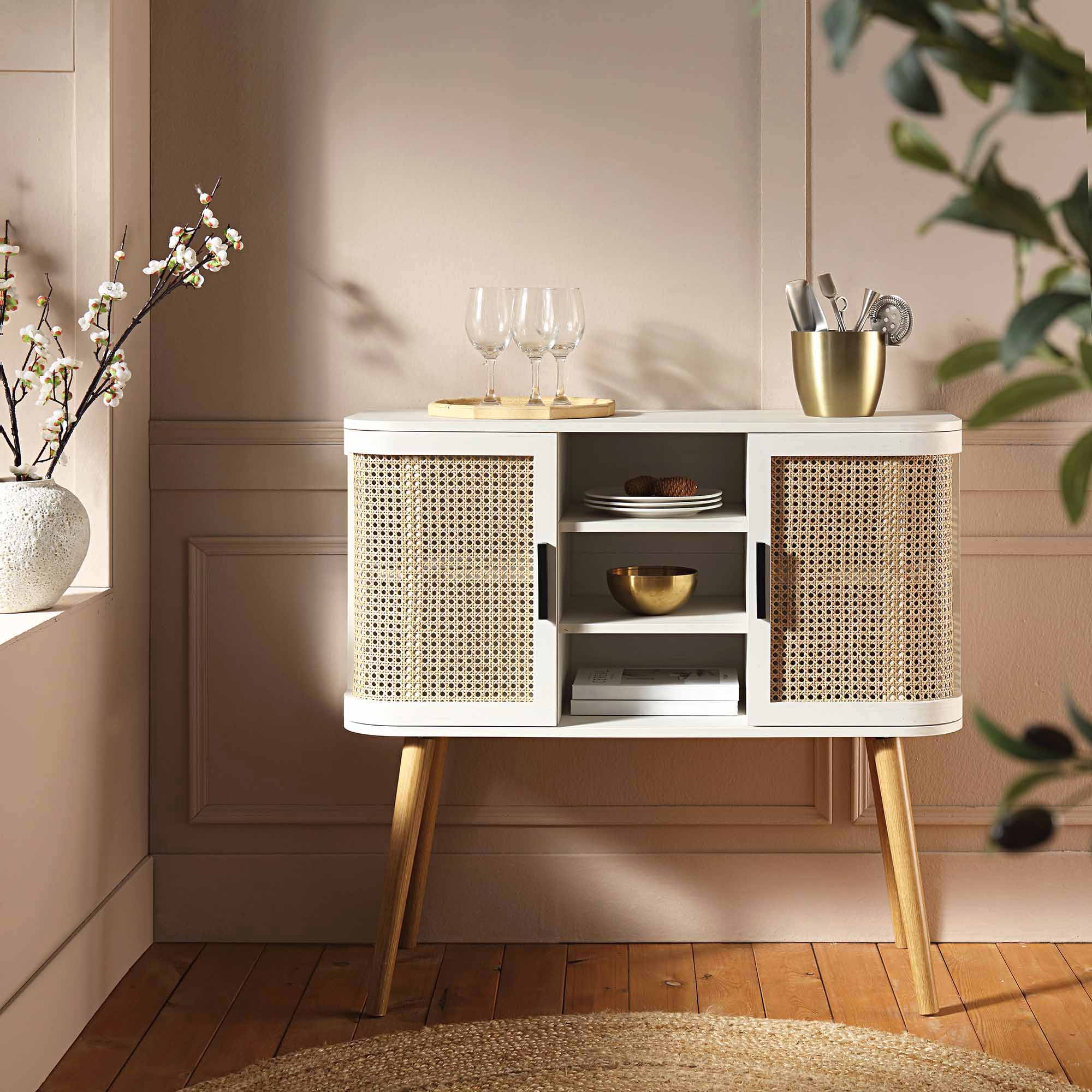 Izzy Curved Rattan 2-Door Buffet Sideboard, White - Image 2
