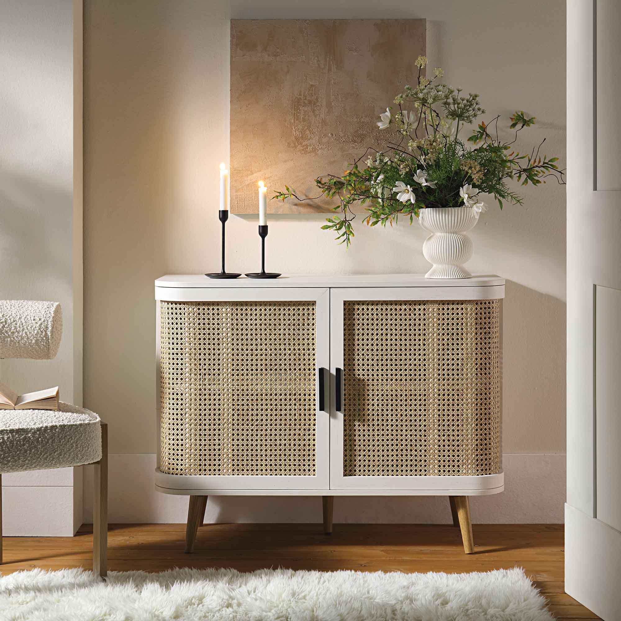 Izzy Curved Rattan 2-Door Small Sideboard, White - Image 2