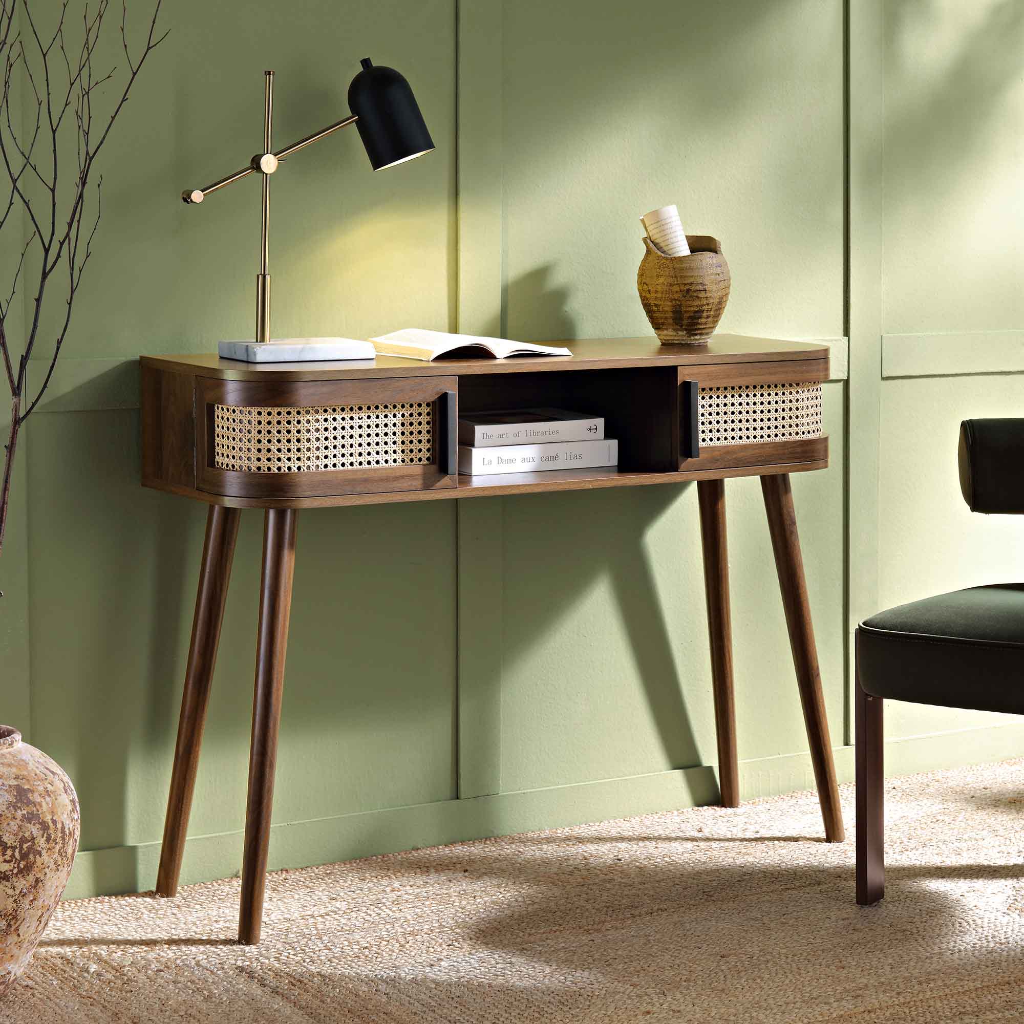 Izzy Curved Rattan 2-Door Table, Walnut - Image 2