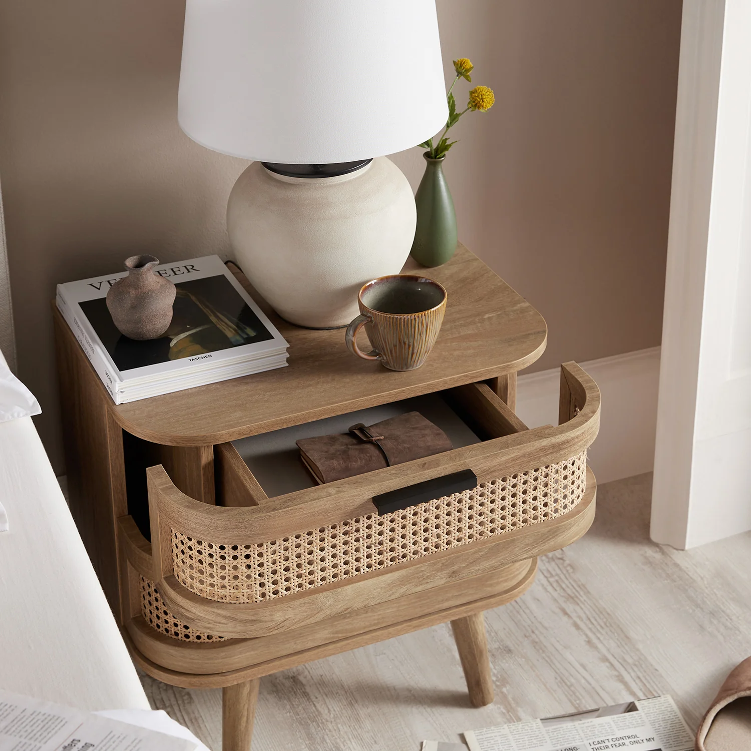 Izzy Curved Rattan 2-Drawer Bedside Table, Natural - Image 3