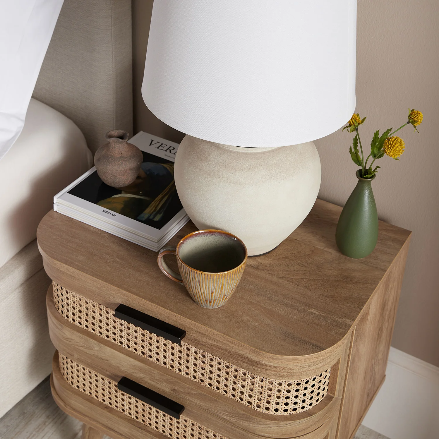 Izzy Curved Rattan 2-Drawer Bedside Table, Natural - Image 4