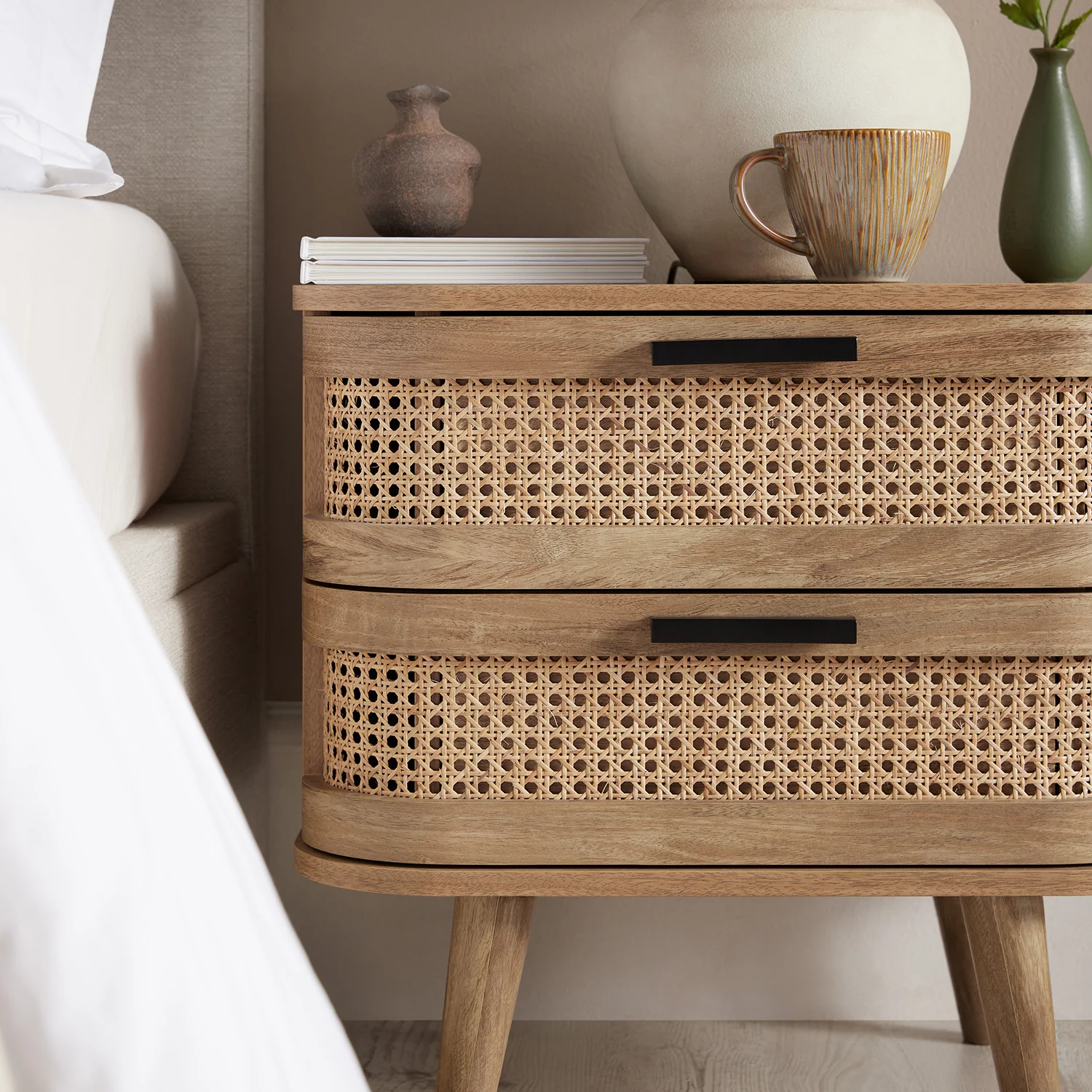 Izzy Curved Rattan 2-Drawer Bedside Table, Natural - Image 5