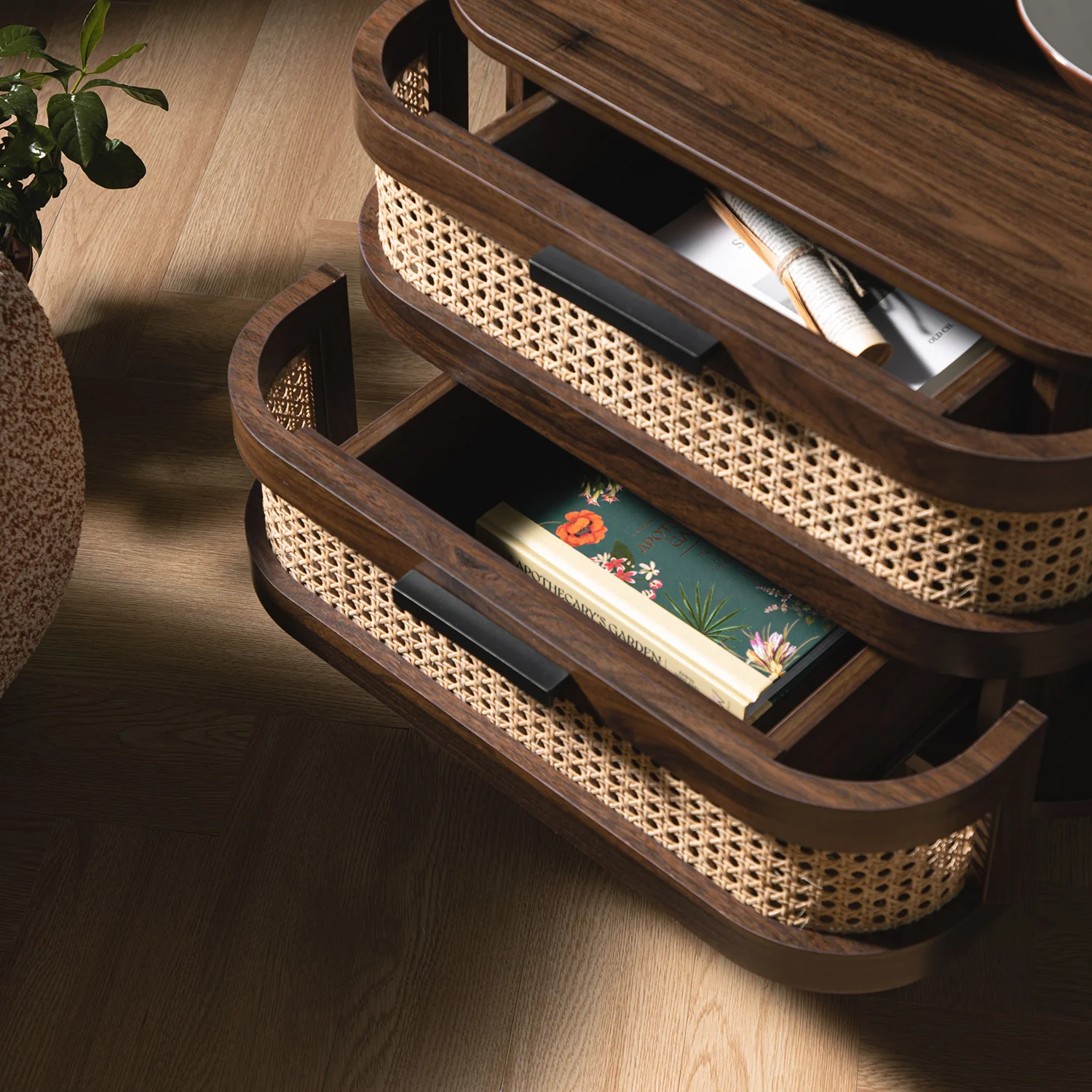 Izzy Curved Rattan 2-Drawer Bedside Table, Walnut - Image 2