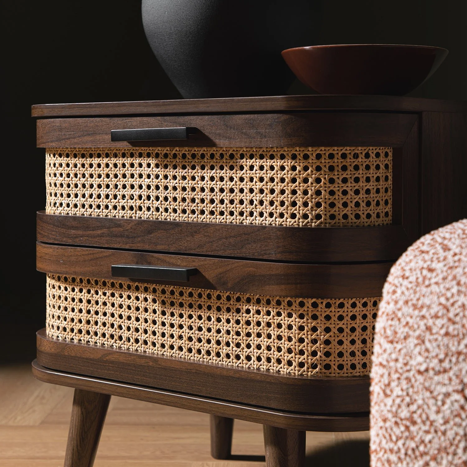 Izzy Curved Rattan 2-Drawer Bedside Table, Walnut - Image 3