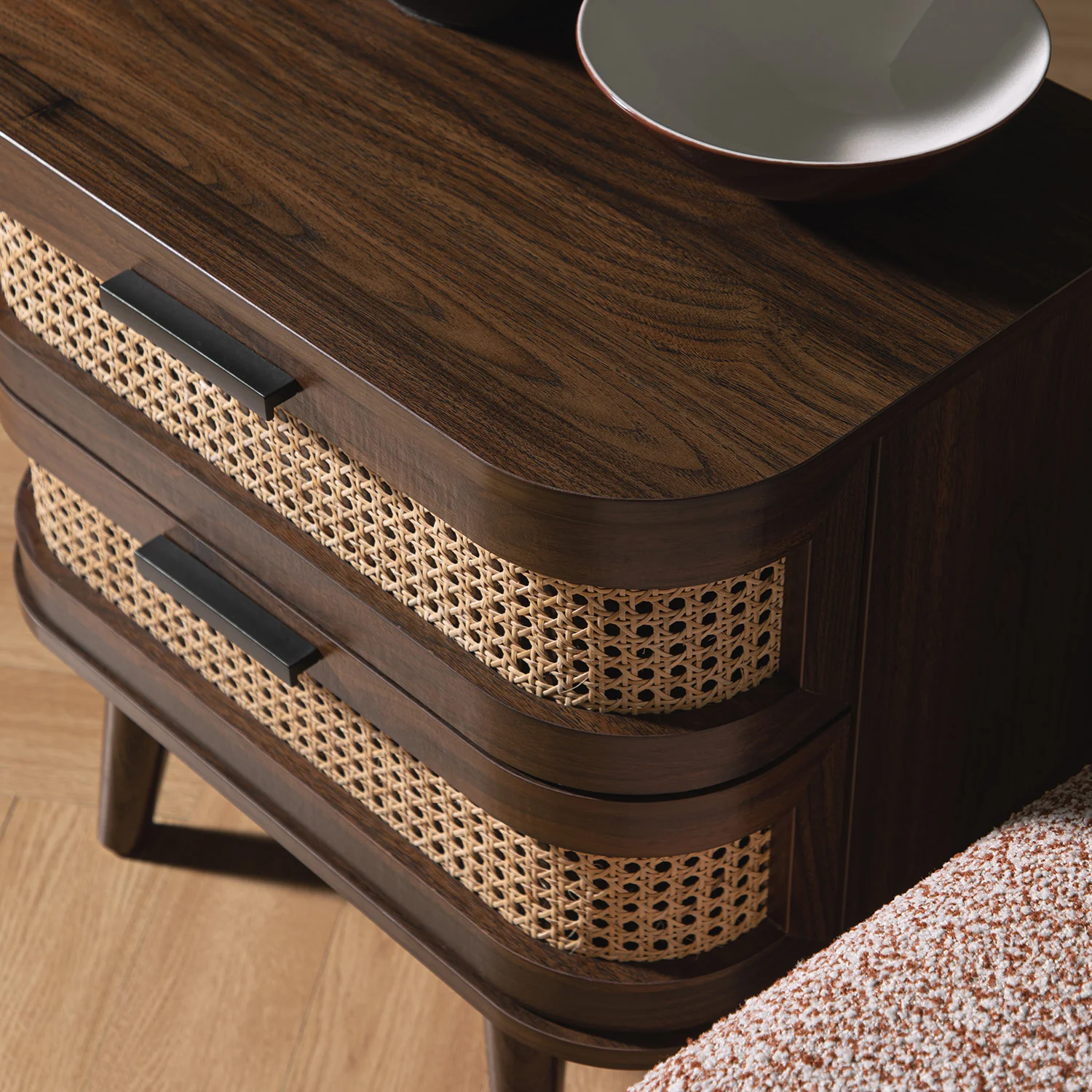 Izzy Curved Rattan 2-Drawer Bedside Table, Walnut - Image 4