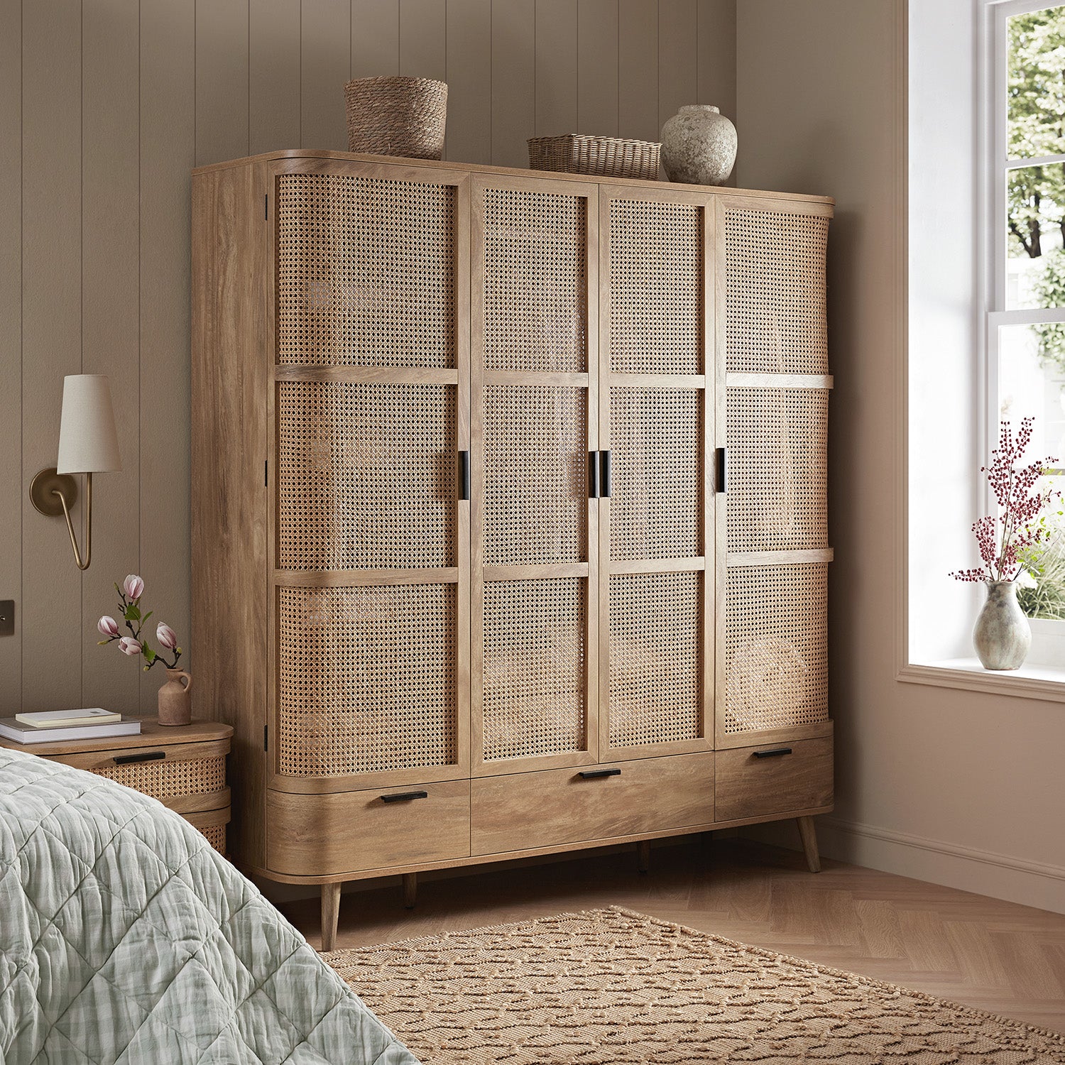 Izzy Curved Rattan 4-Door Wardrobe, Natural