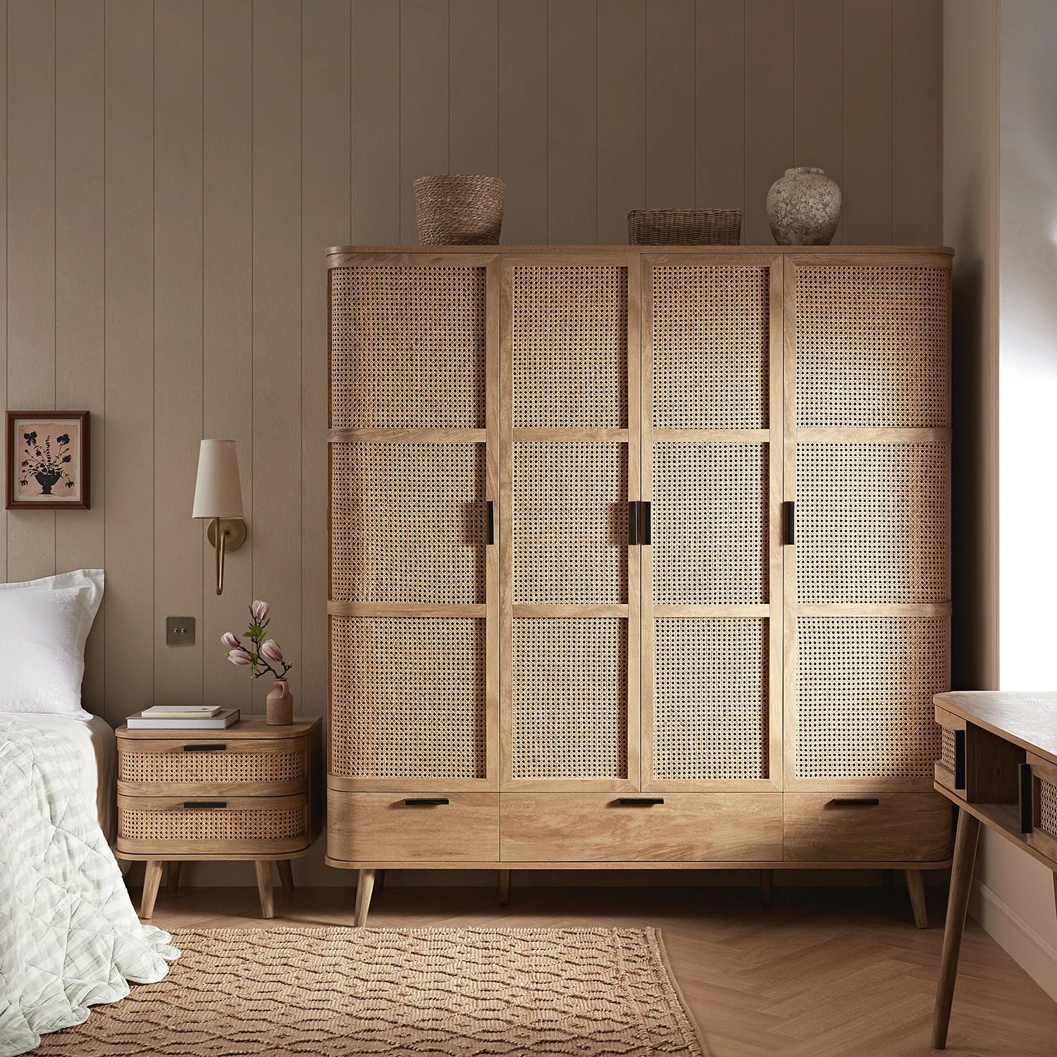 Izzy Curved Rattan 4-Door Wardrobe, Natural - Image 2