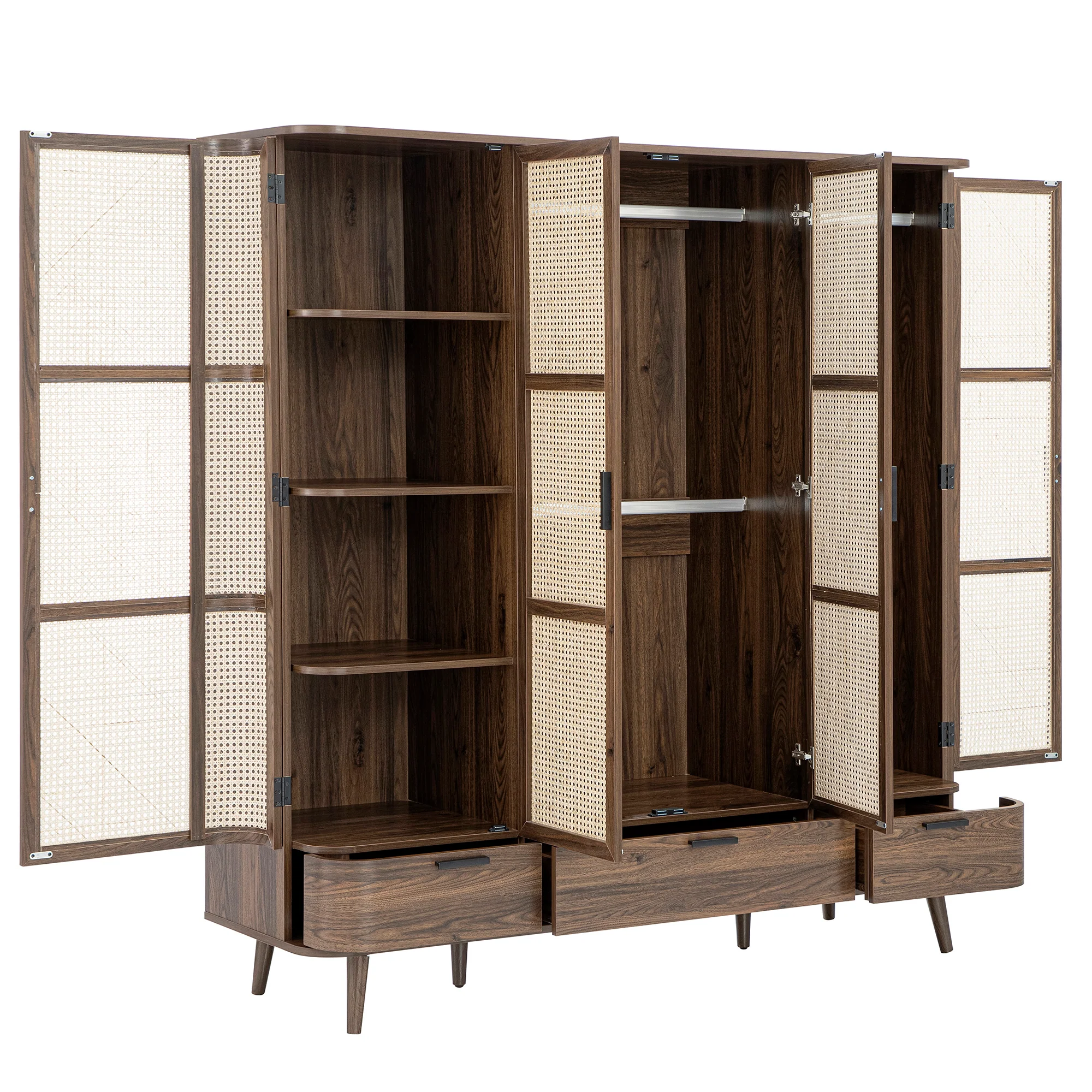 Izzy Curved Rattan 4-Door Wardrobe, Walnut - Image 12