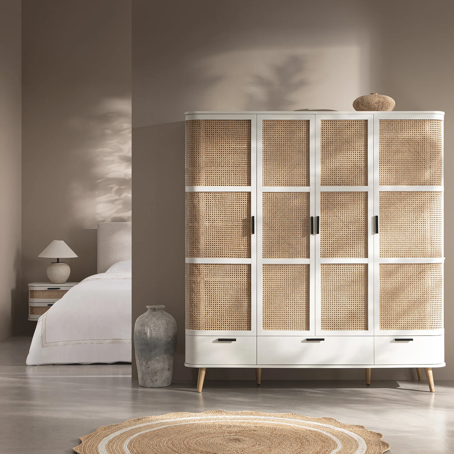 Izzy Curved Rattan 4-Door Wardrobe, White - Image 2