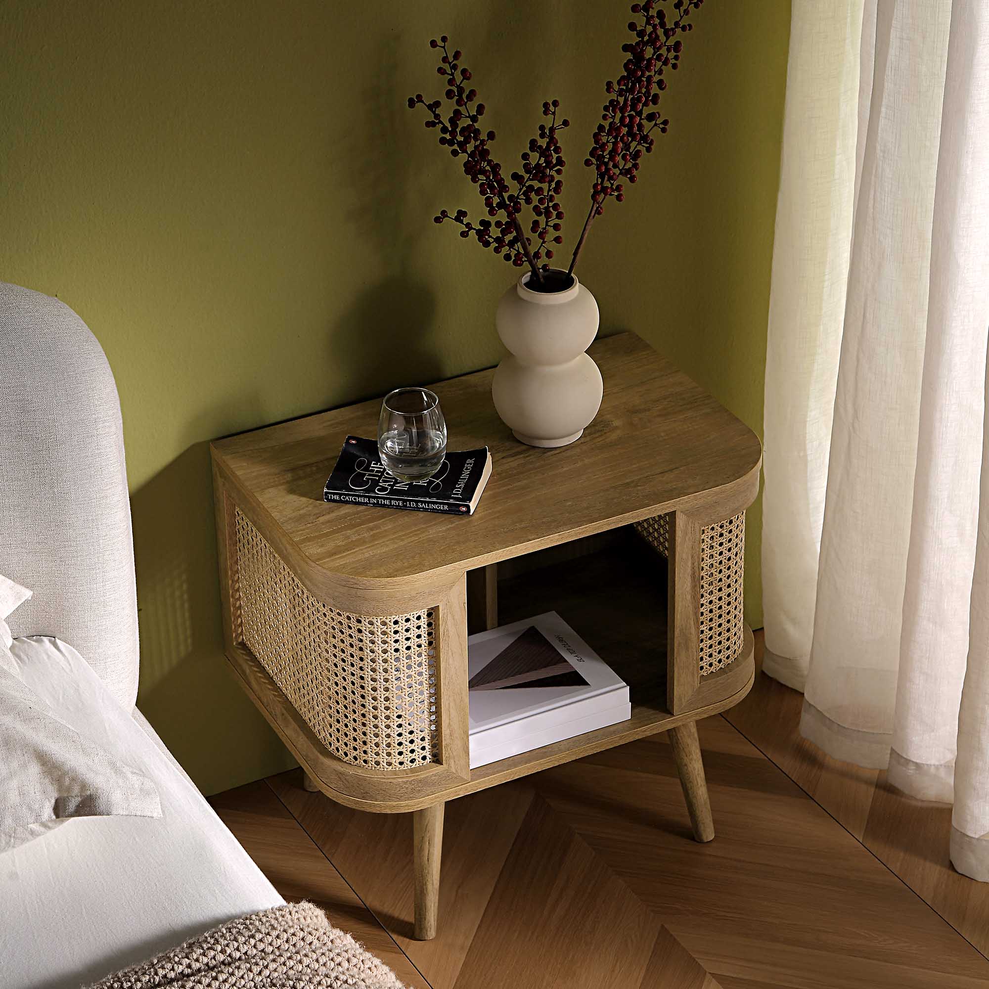 Izzy Curved Rattan Bedside Table, Natural - Image 3