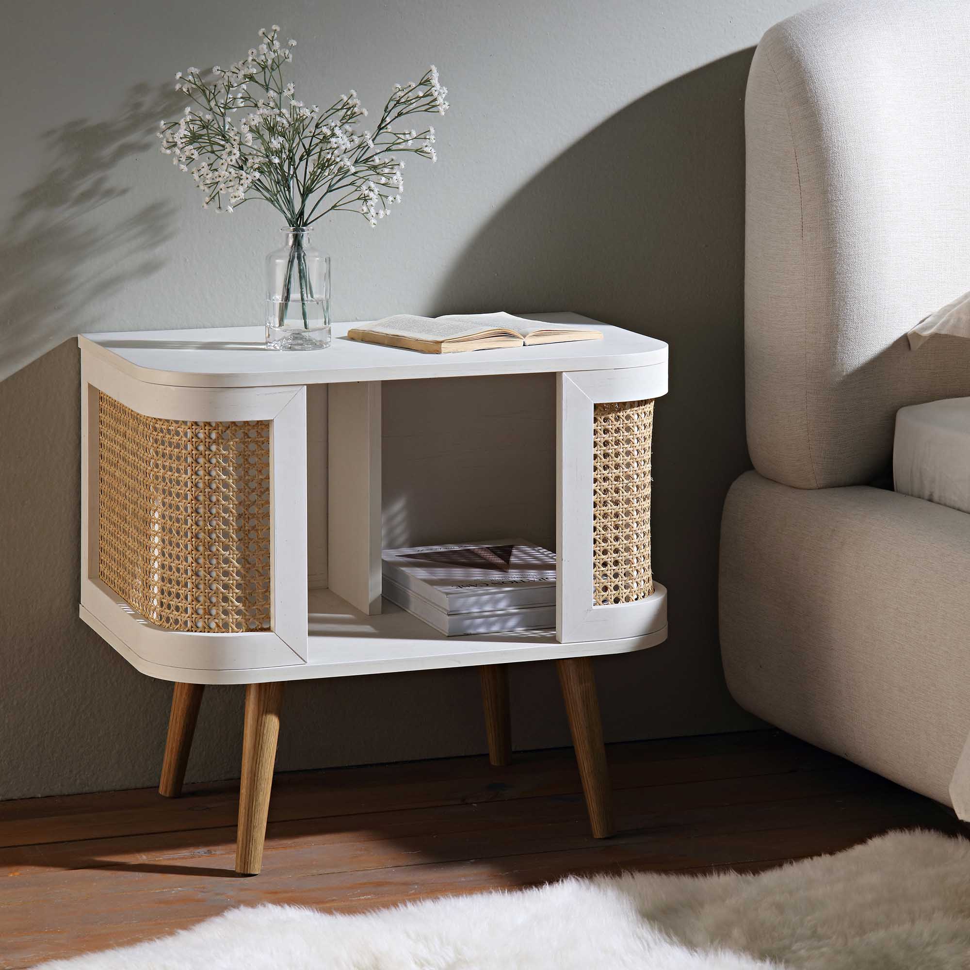 Izzy Curved Rattan Bedside Table, White - Image 2