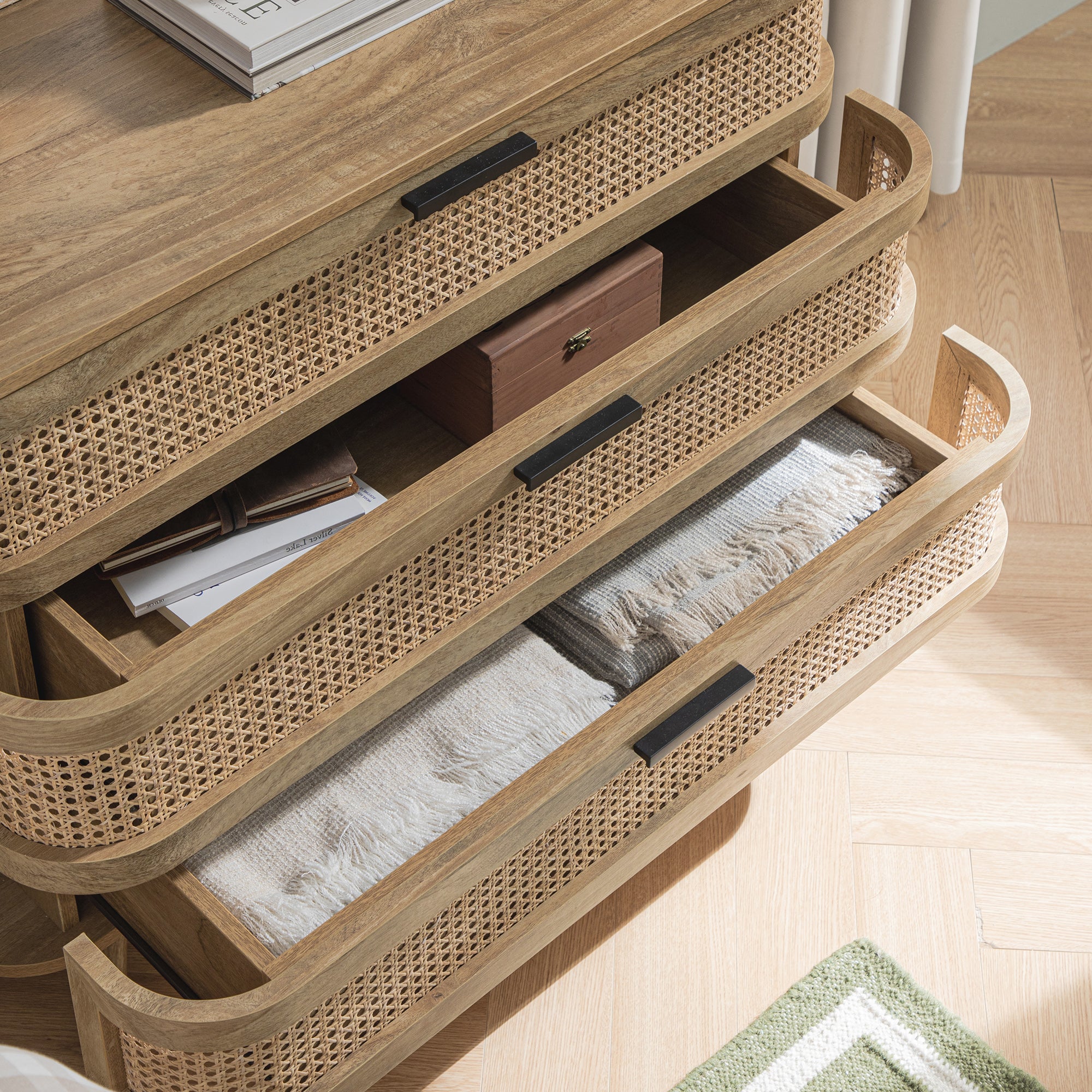 Izzy Curved Rattan Chest of 3 Drawers, Natural - Image 4