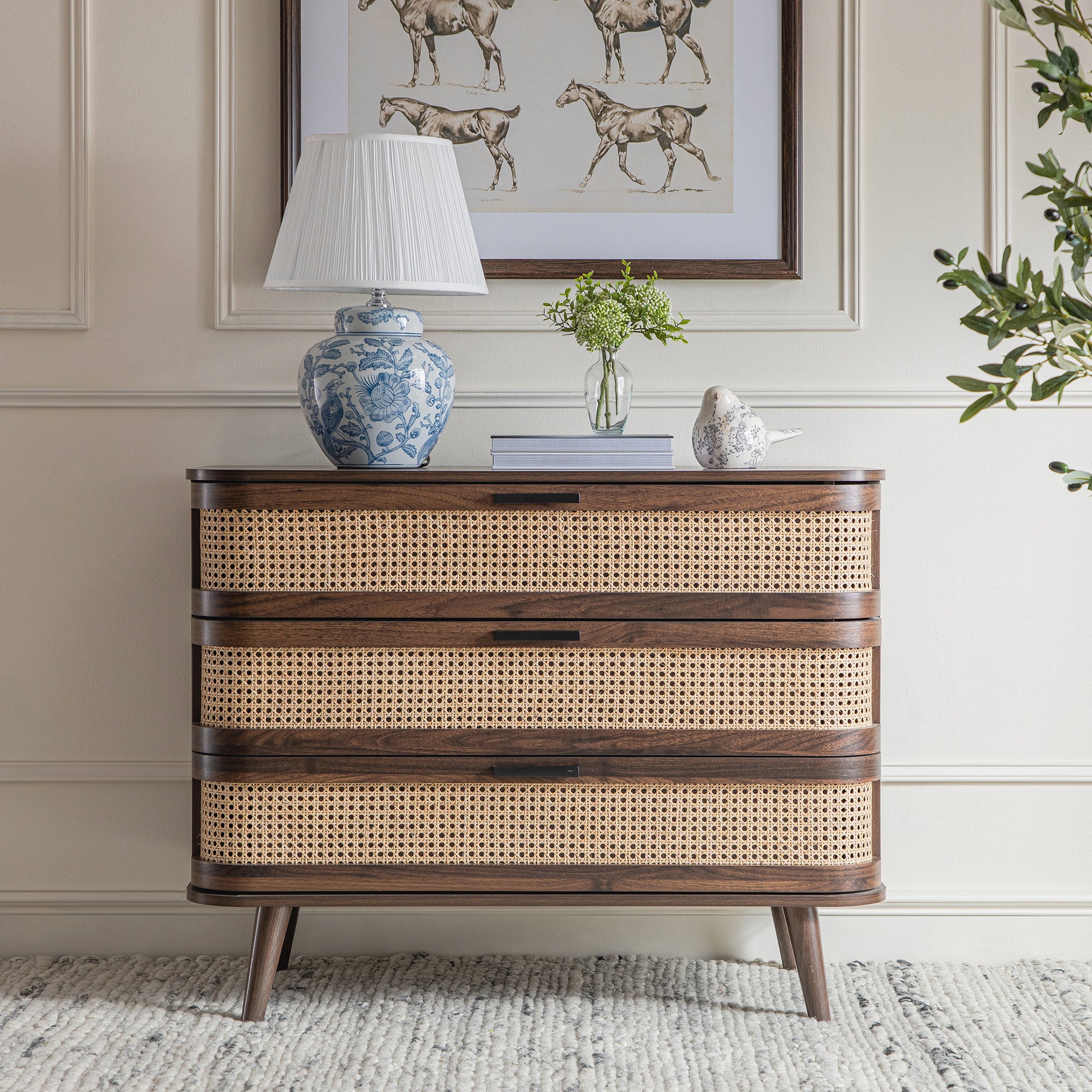 Izzy Curved Rattan Chest of 3 Drawers, Walnut - Image 2