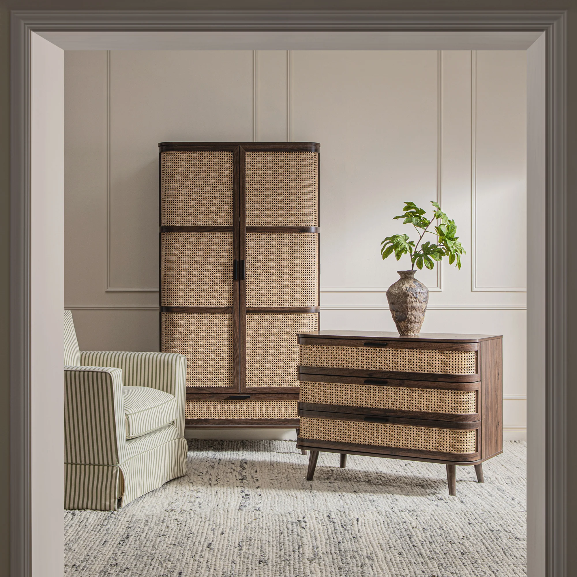 Izzy Curved Rattan Chest of 3 Drawers, Walnut - Image 3