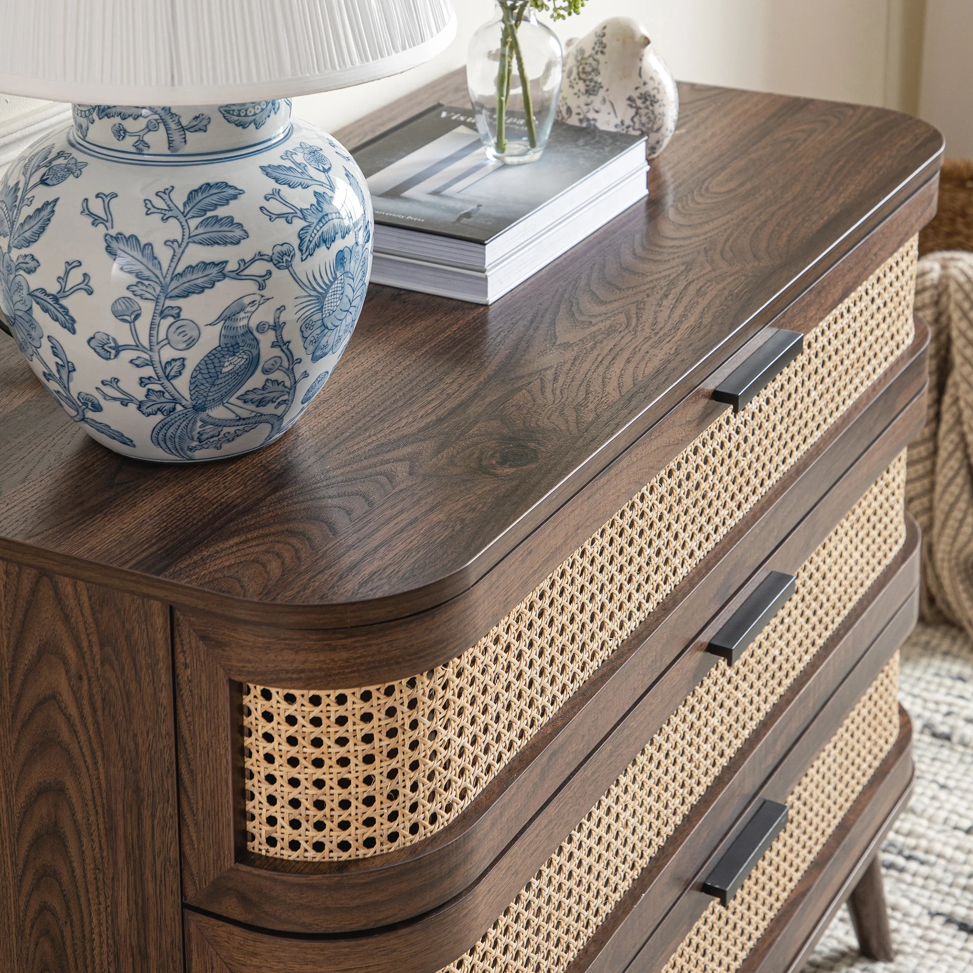 Izzy Curved Rattan Chest of 3 Drawers, Walnut - Image 5