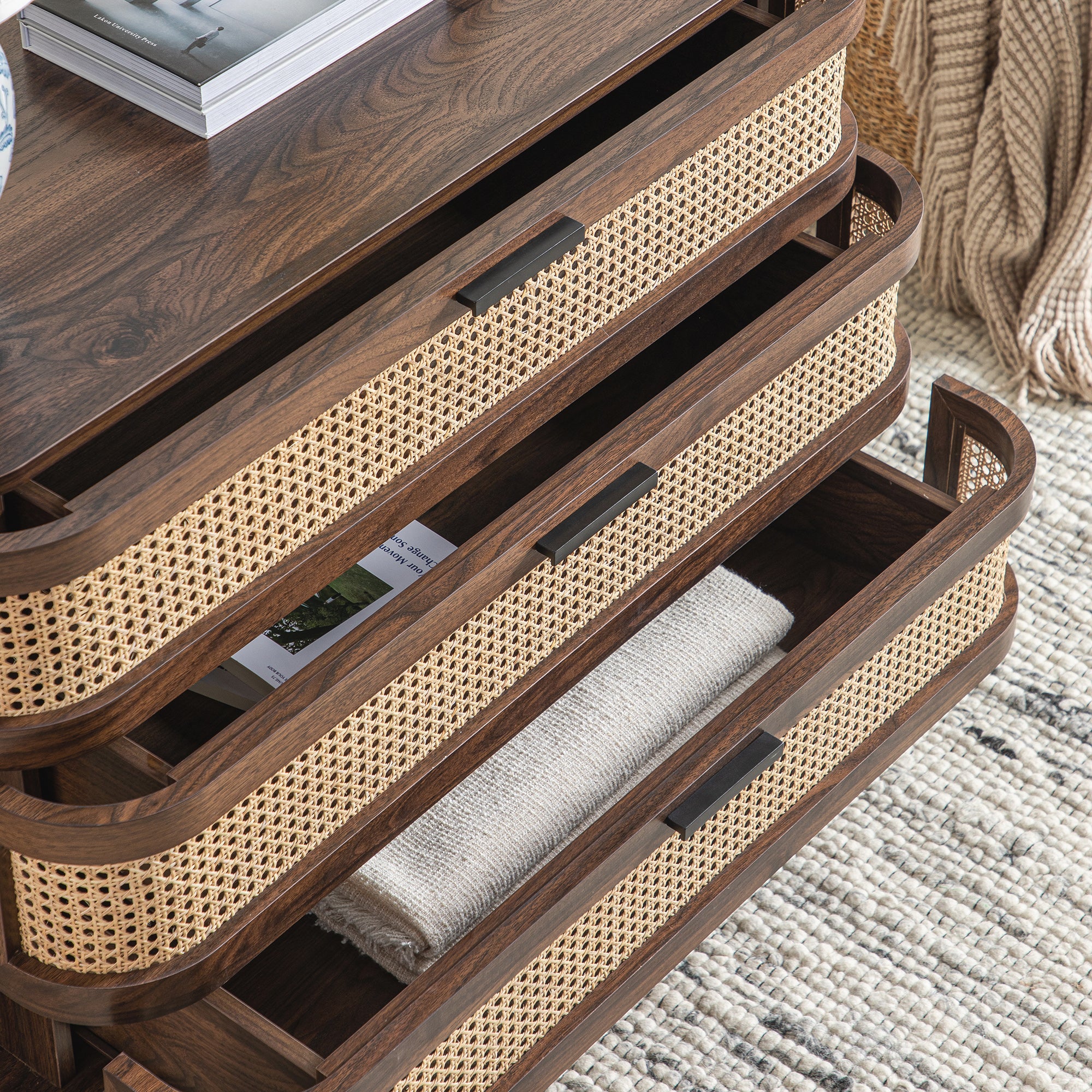 Izzy Curved Rattan Chest of 3 Drawers, Walnut - Image 6