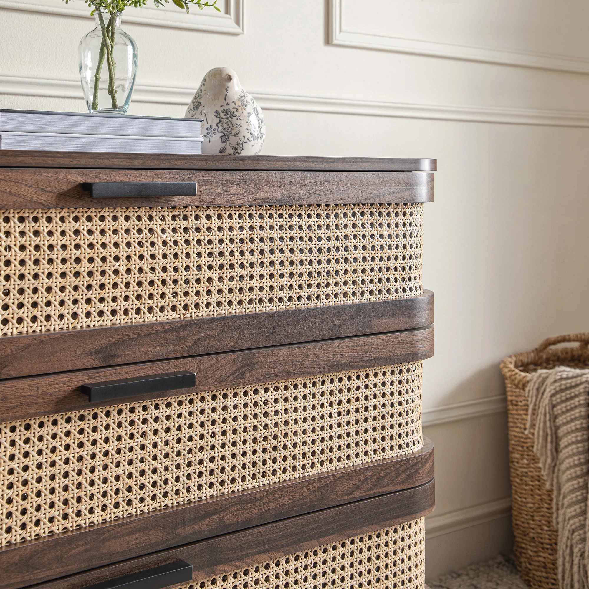 Izzy Curved Rattan Chest of 3 Drawers, Walnut - Image 7