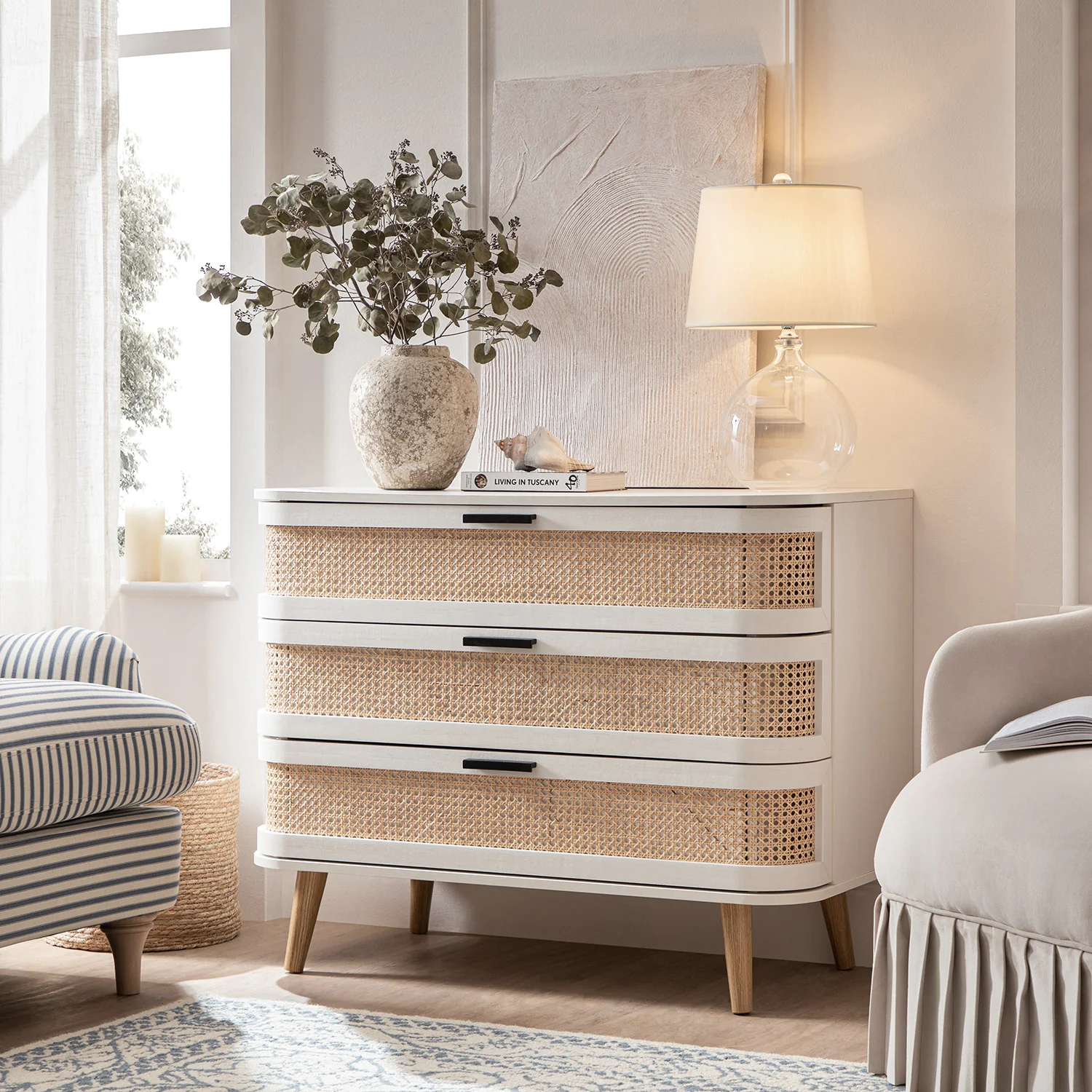 Izzy Curved Rattan Chest of 3 Drawers, White - Image 2