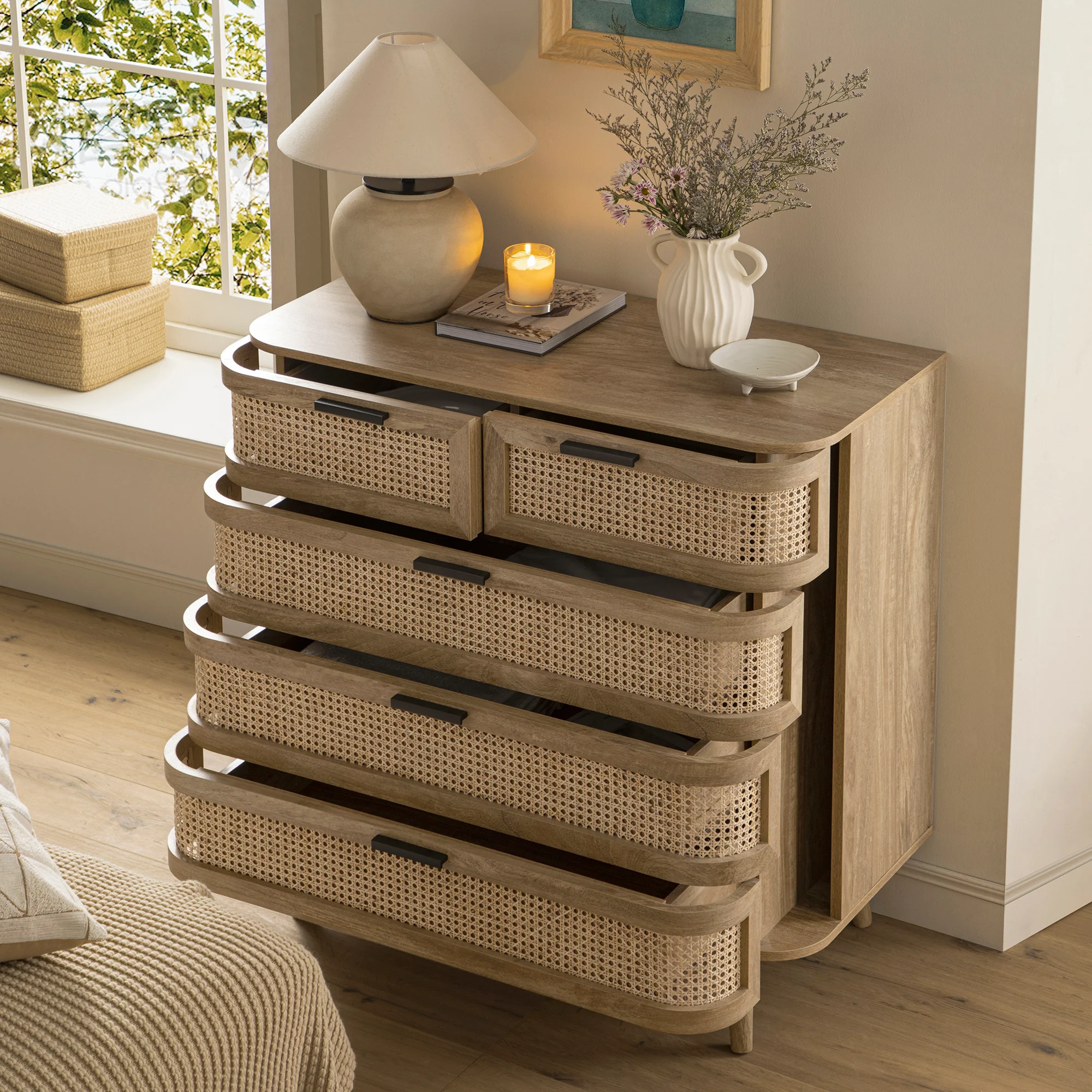 Izzy Curved Rattan Chest of 5 Drawers, Natural - Image 4
