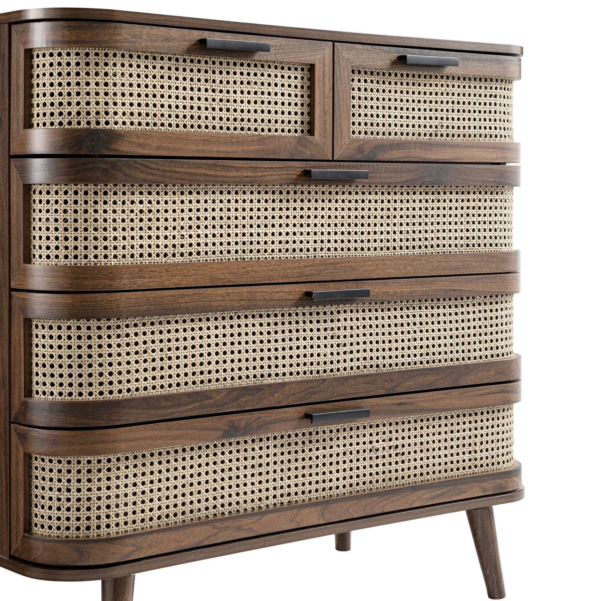 Izzy Curved Rattan Chest of 5 Drawers, Walnut - Image 14