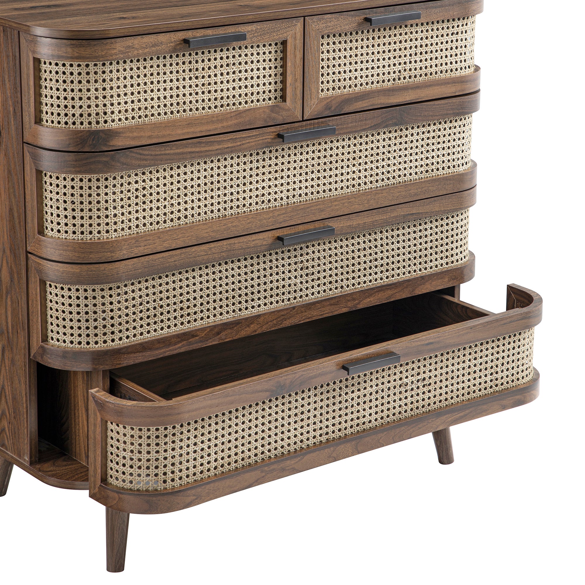 Izzy Curved Rattan Chest of 5 Drawers, Walnut - Image 15
