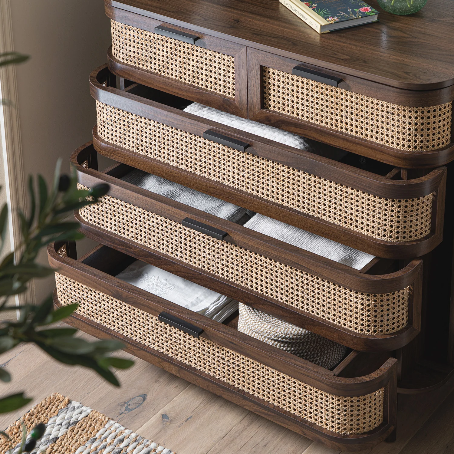 Izzy Curved Rattan Chest of 5 Drawers, Walnut - Image 3