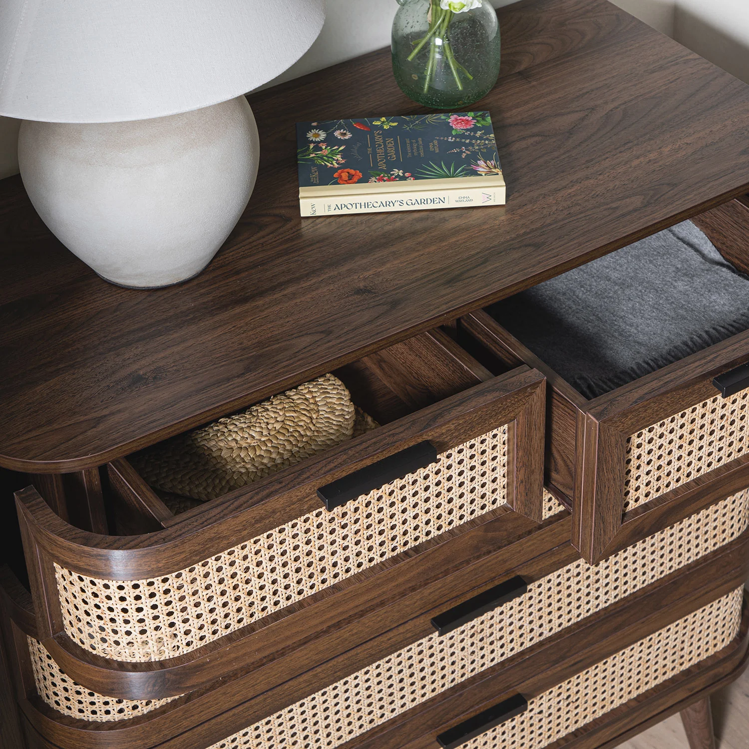 Izzy Curved Rattan Chest of 5 Drawers, Walnut - Image 4
