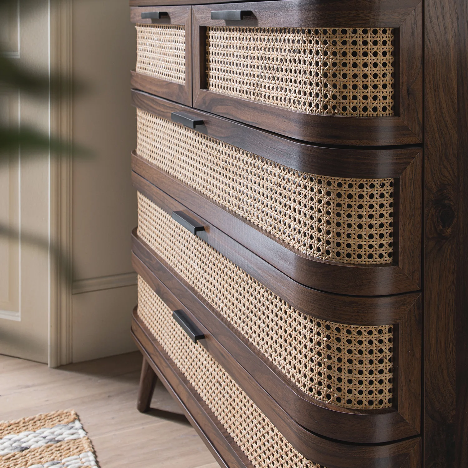 Izzy Curved Rattan Chest of 5 Drawers, Walnut - Image 5