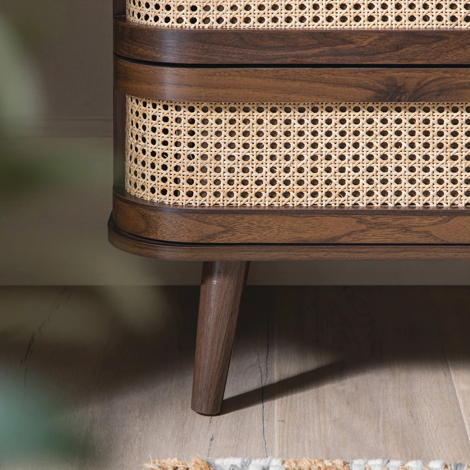Izzy Curved Rattan Chest of 5 Drawers, Walnut - Image 6